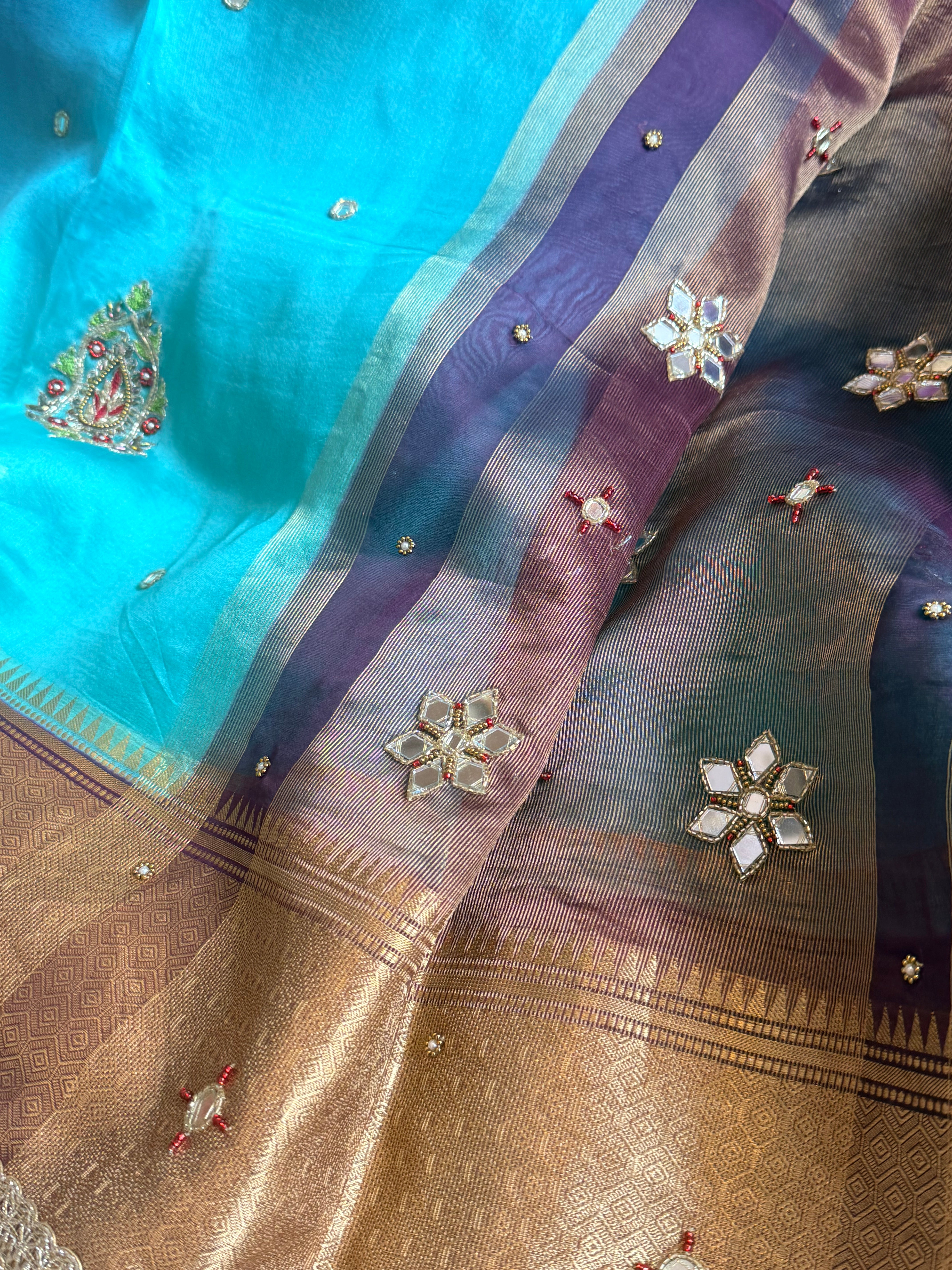 Husn ganga jamuna contrast border kora silk hand embroidered saree
