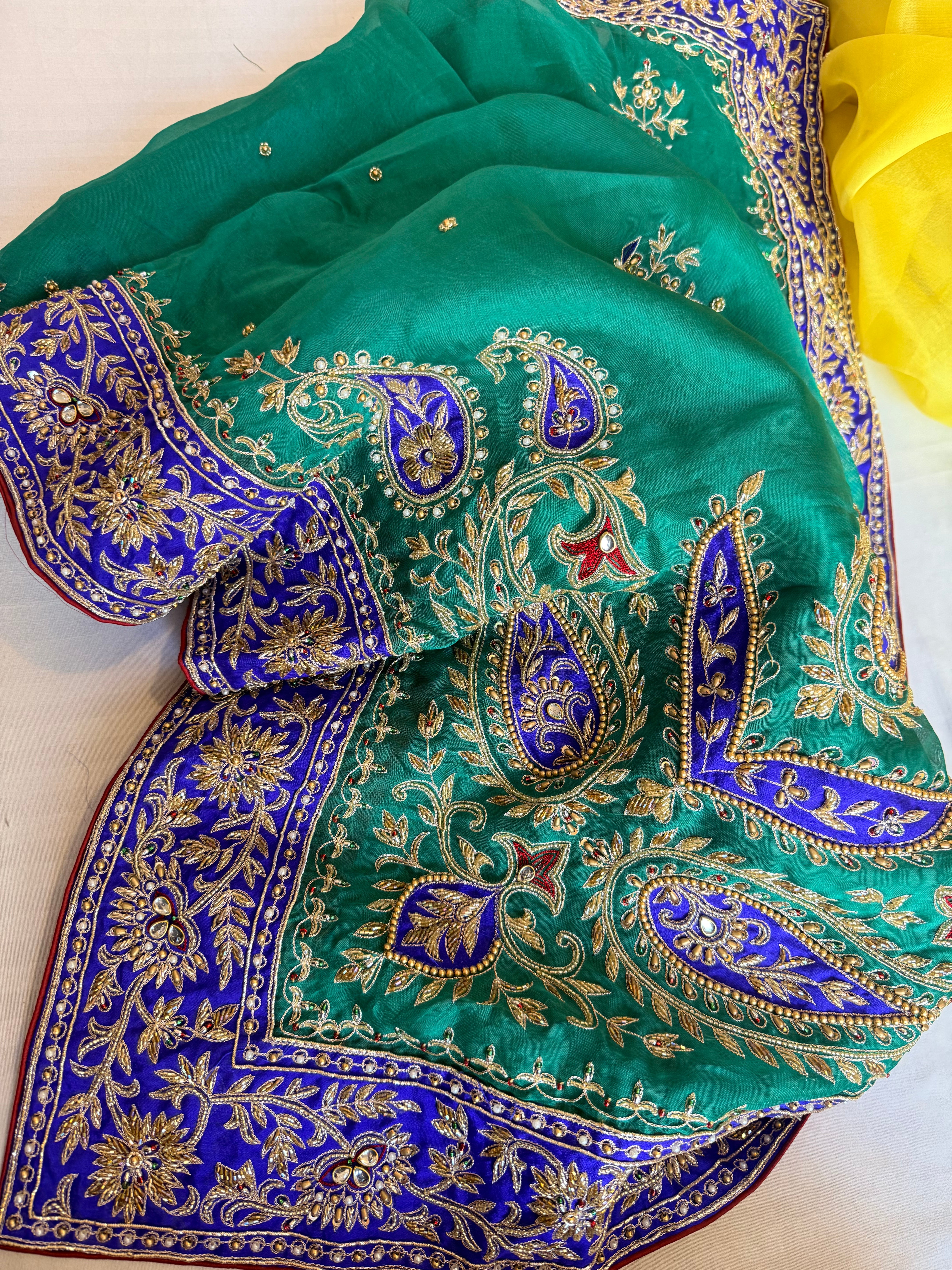 Mummy ki purani wali saree edit - Blue-green-purple kora silk kadhwa hand embroidered saree