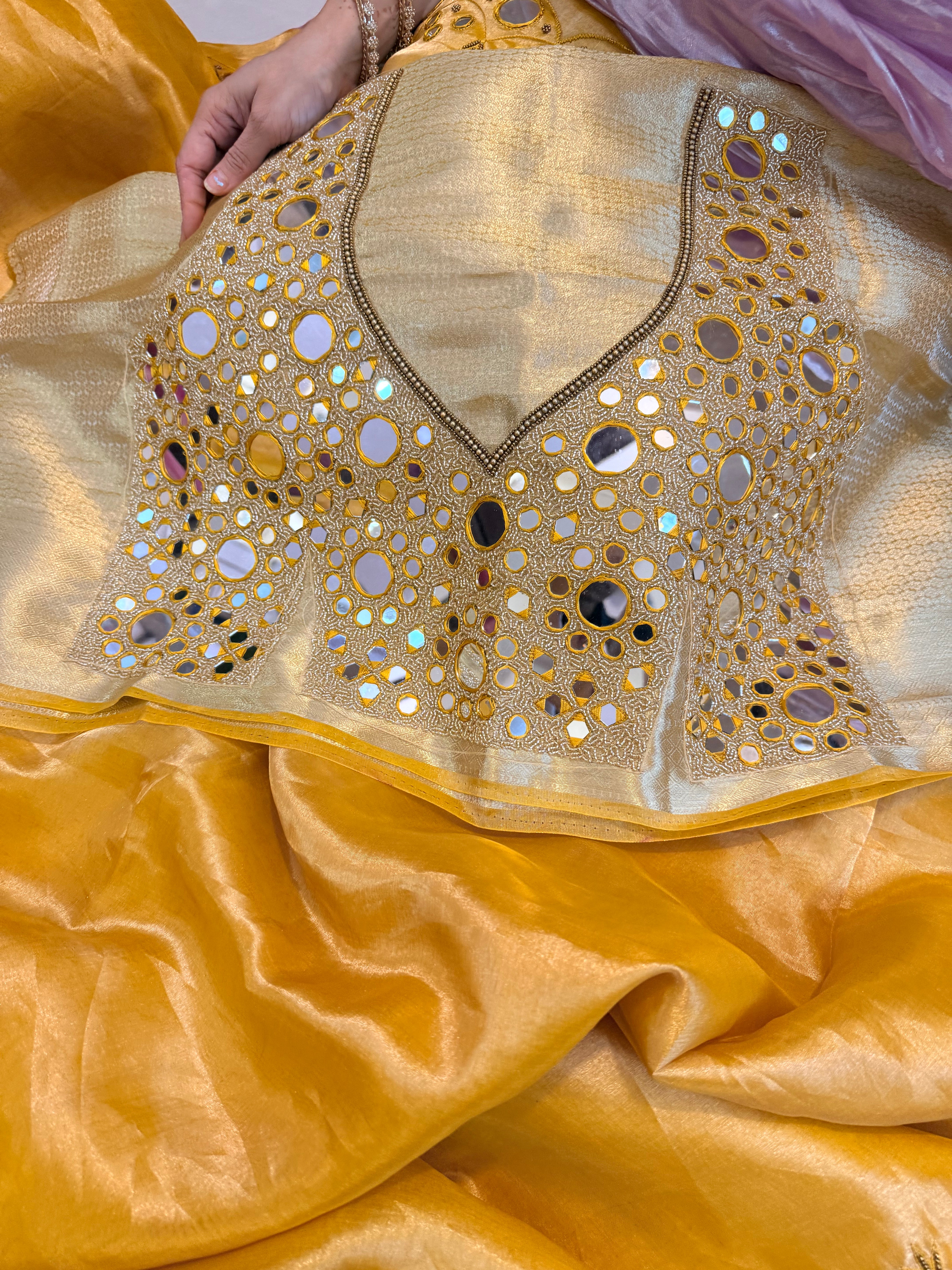 Sheeshe wali haldi yellow tissue silk mirrorwork hand embroidered banarasi saree