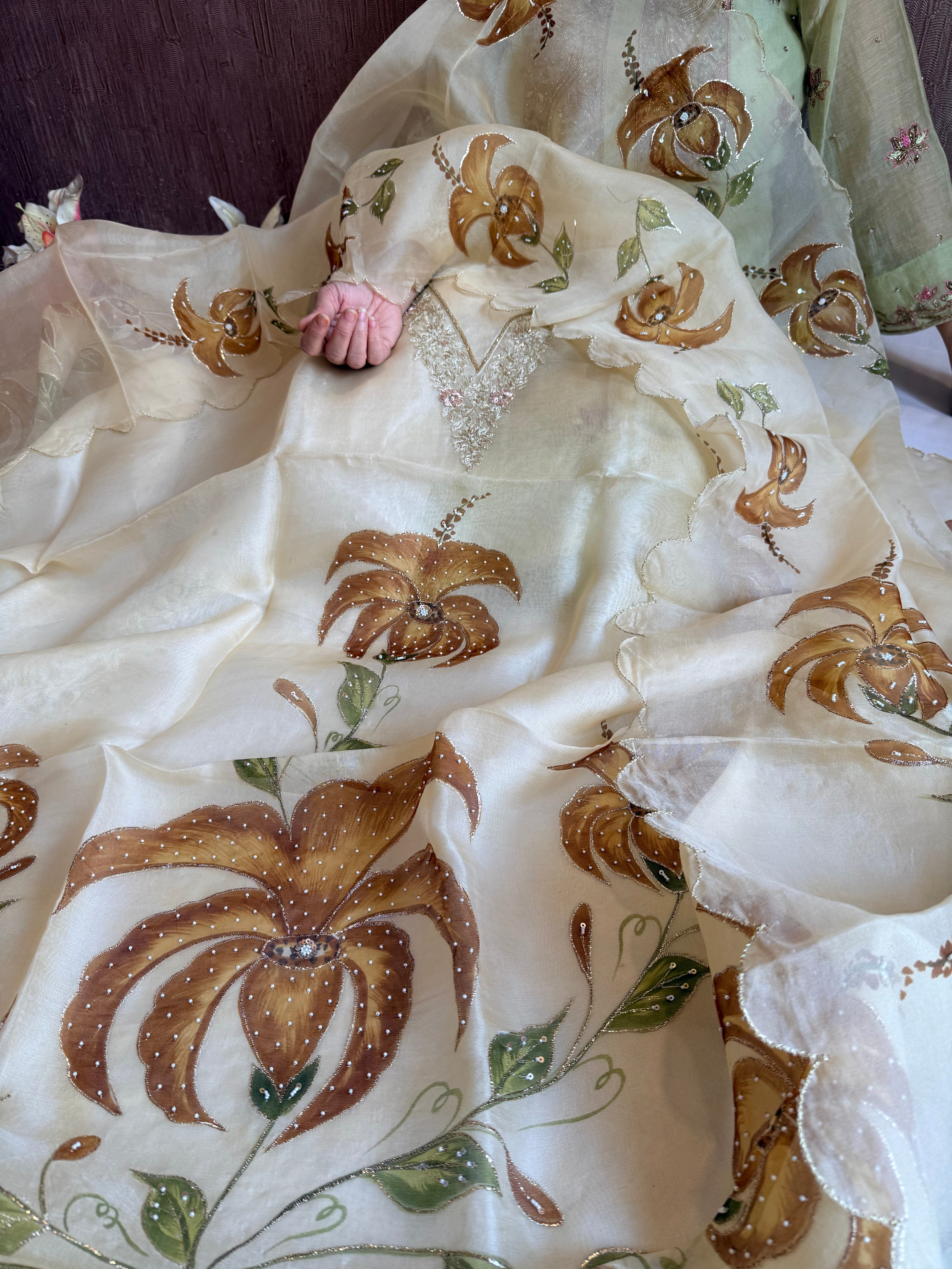 Banarasi Kora silk hand embroidered floral printed suit set