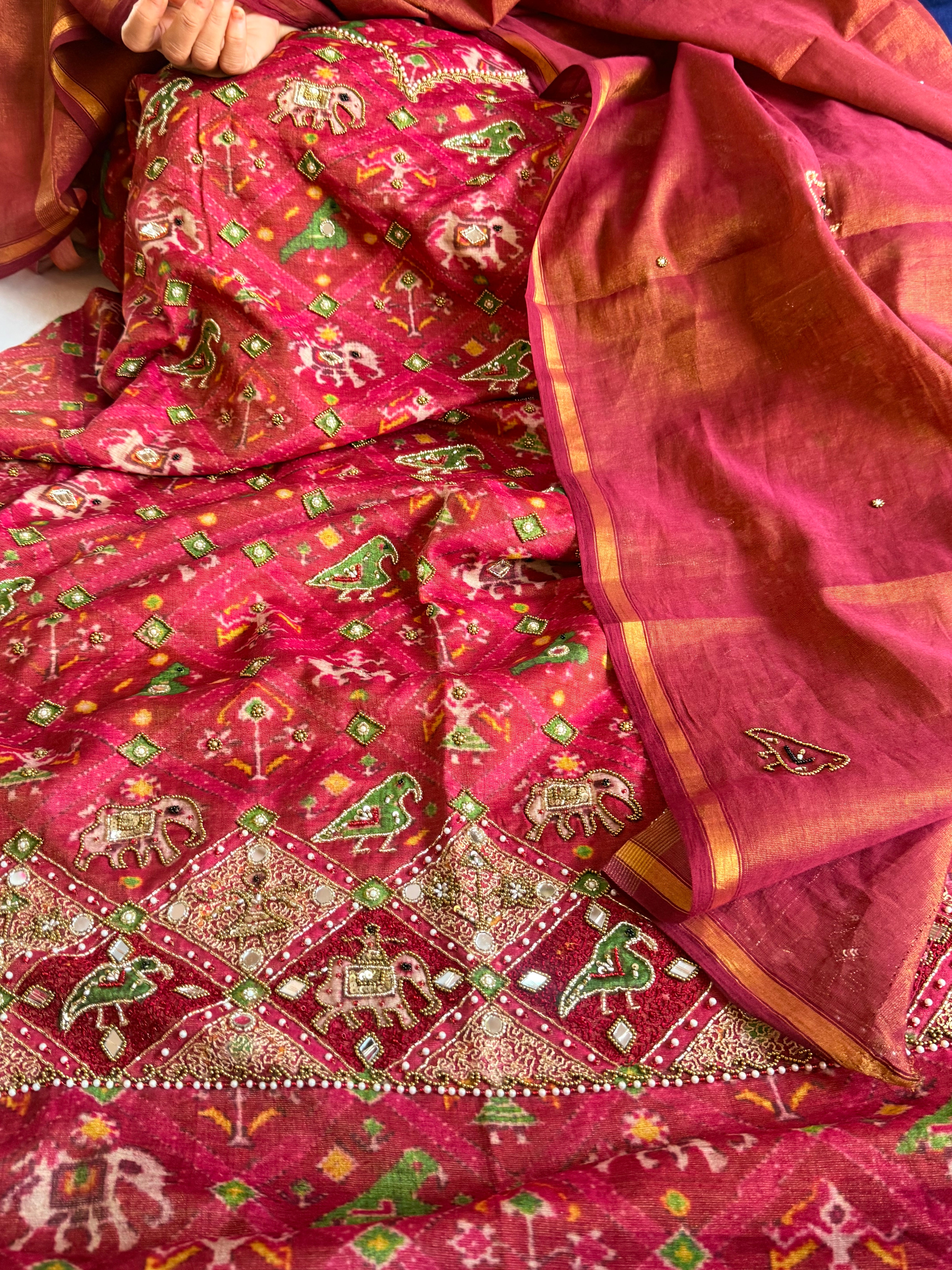 Patola weaving hand embroidered mul cotton tissue suit sets