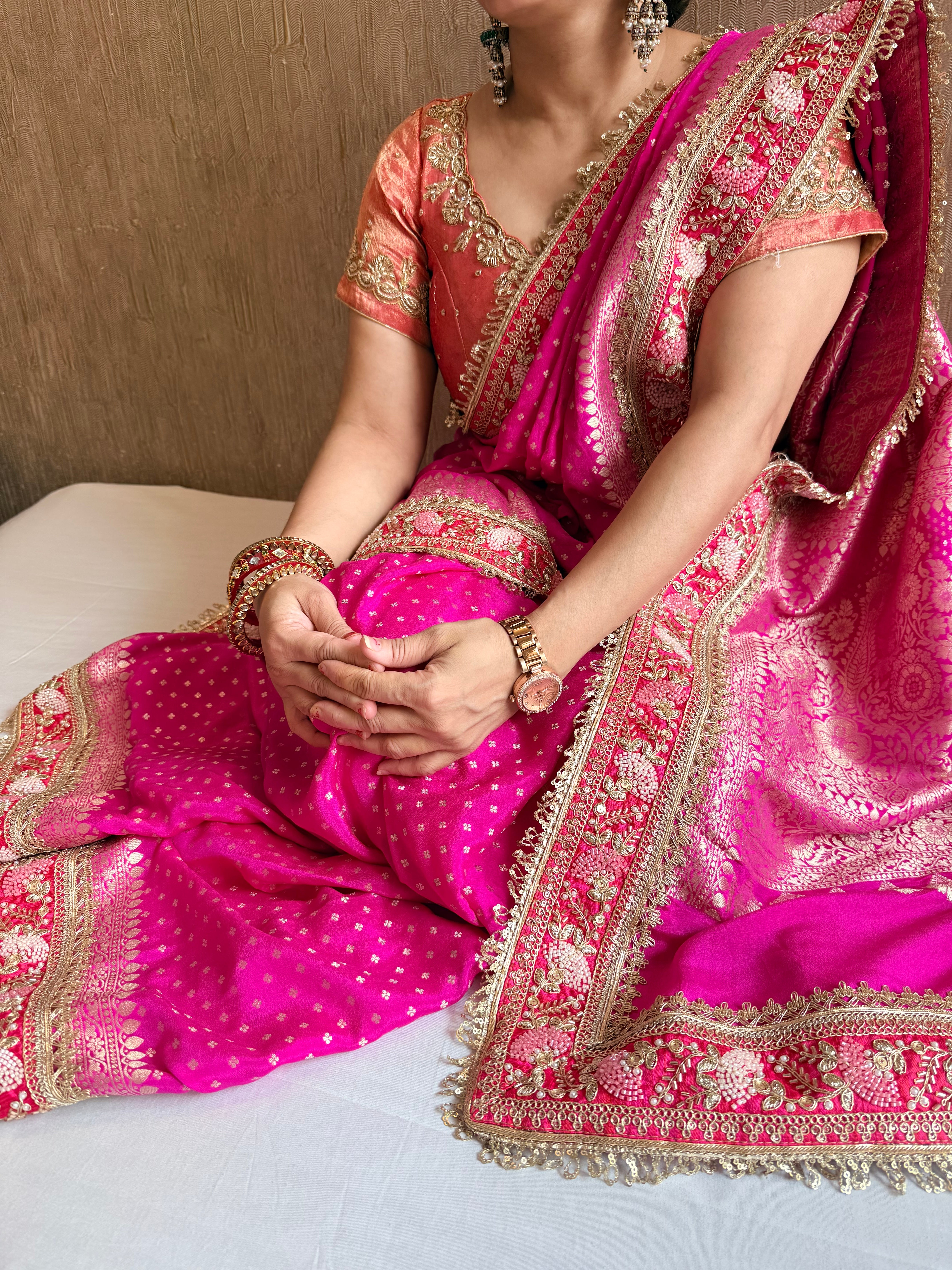 Hot pink moonga silk hand embroidered kadhwa weaving saree
