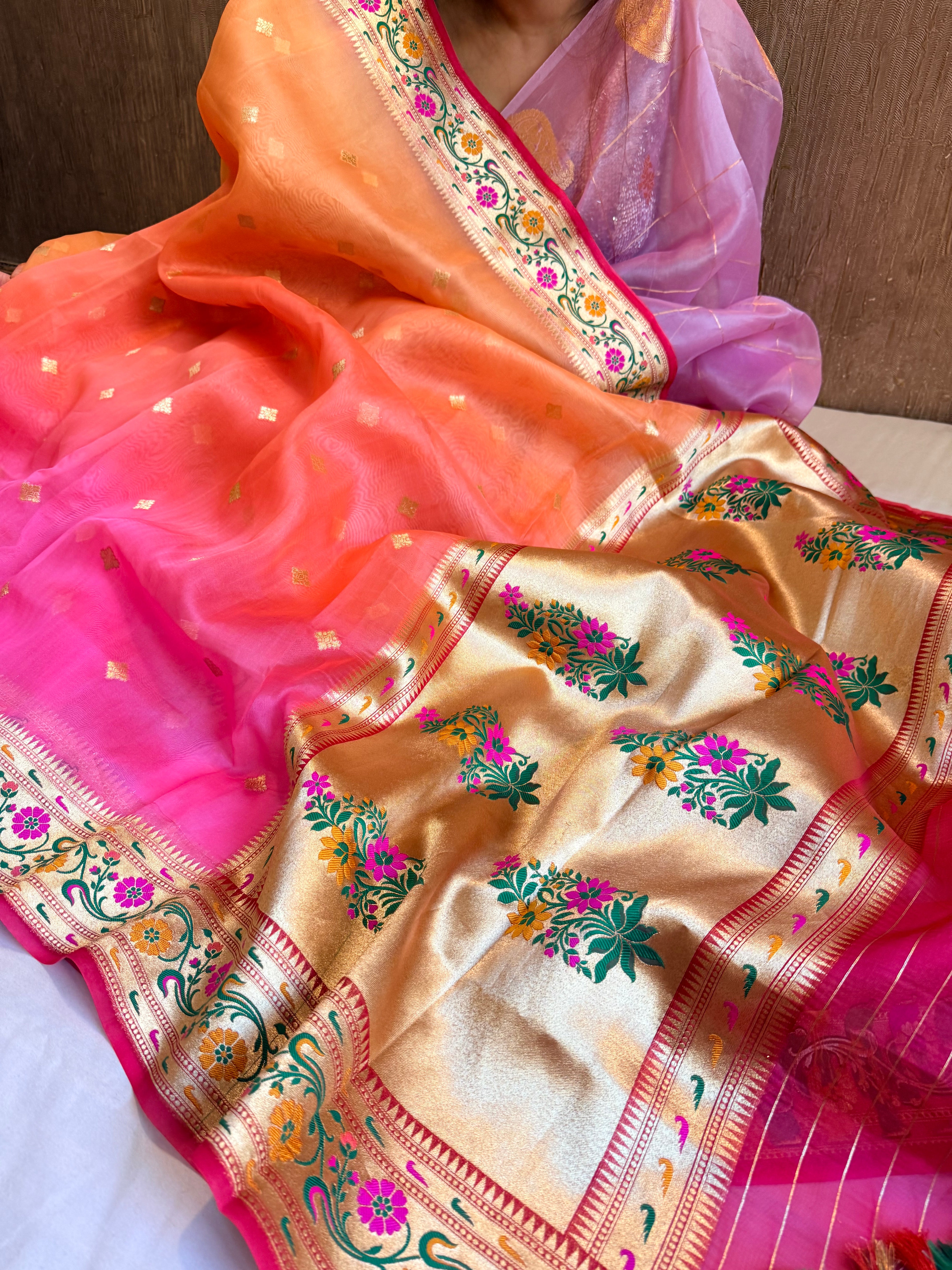 Rainbow dyed ombre shaded kora silk paithani border meenakari saree