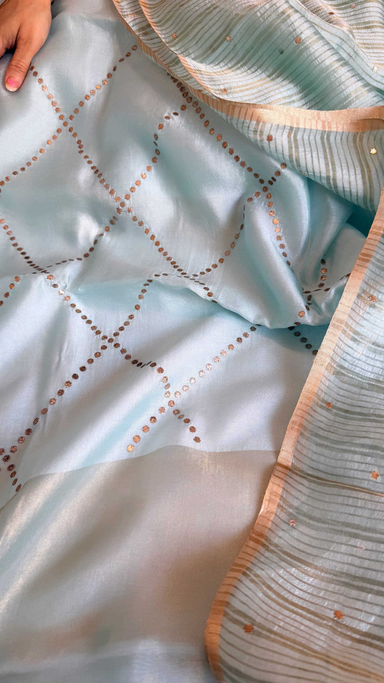 Summer suit edit - Spun chiniya silk mukaish work greenish-blue hand embroidered suit set