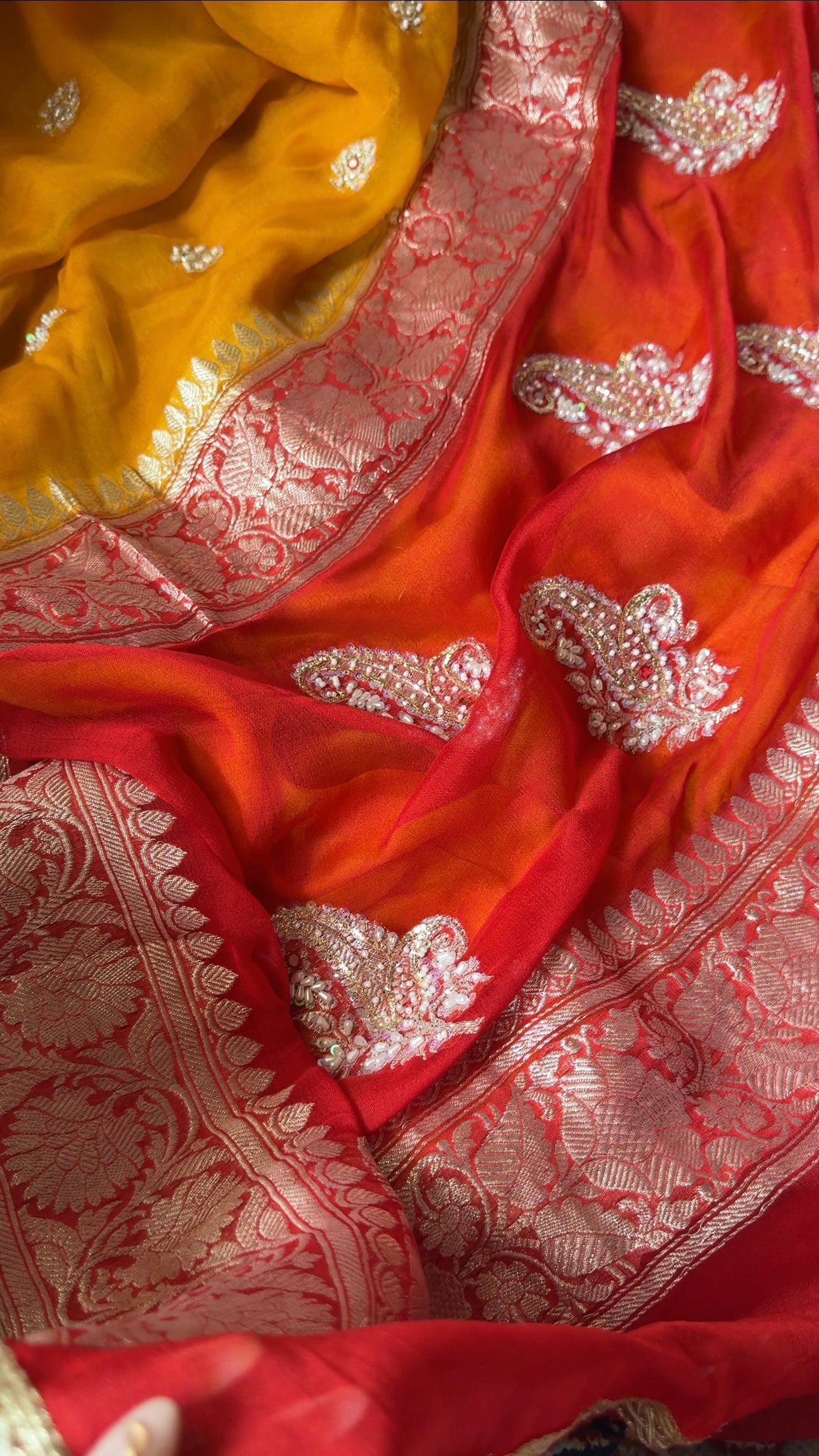 Poonam inspired muhdikhai wali chiffon gorgette banarasi hand embroidered saree
