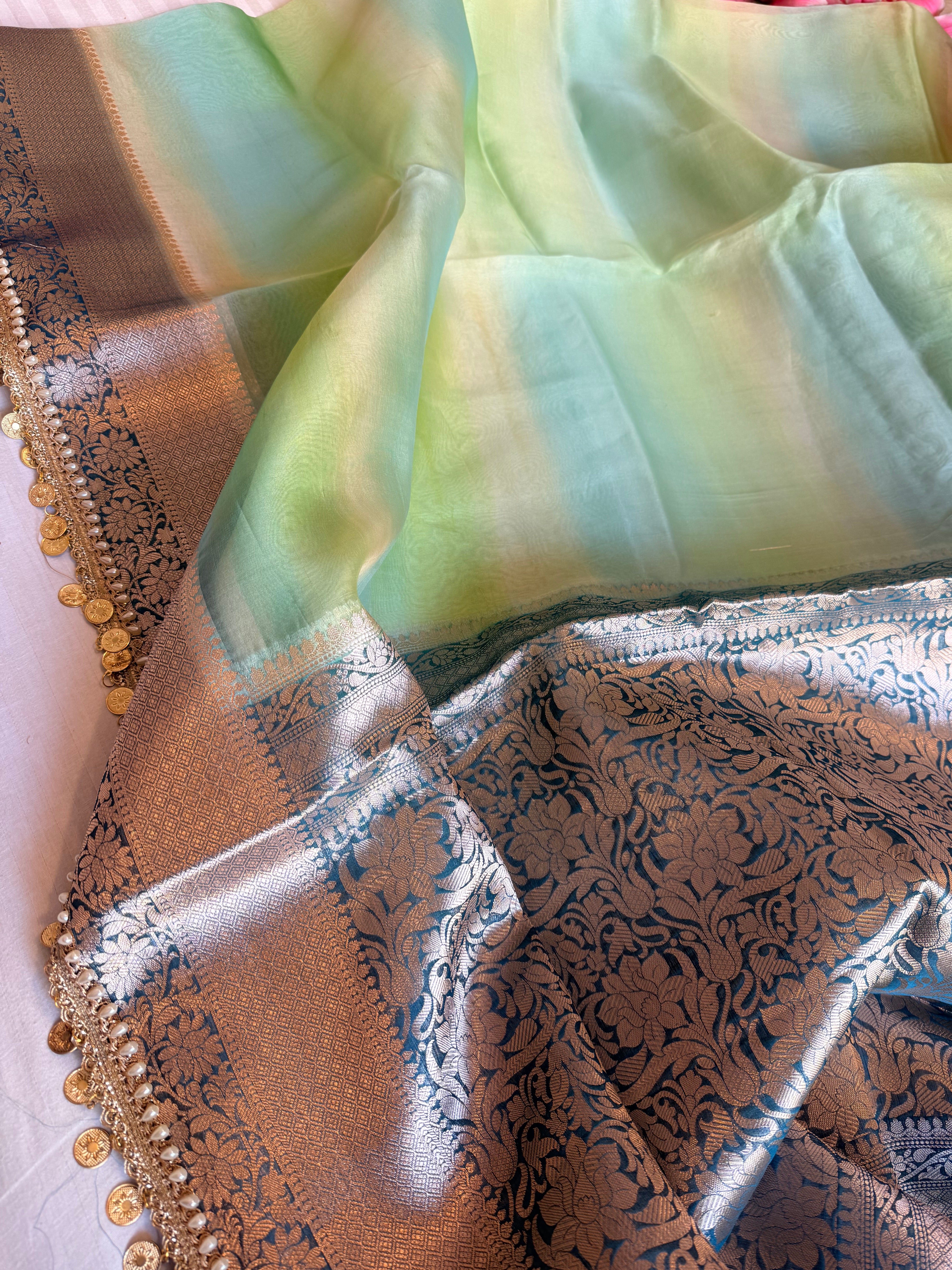 Banarasi kora silk rainbow dyed kadhwa saree with gotapatti work
