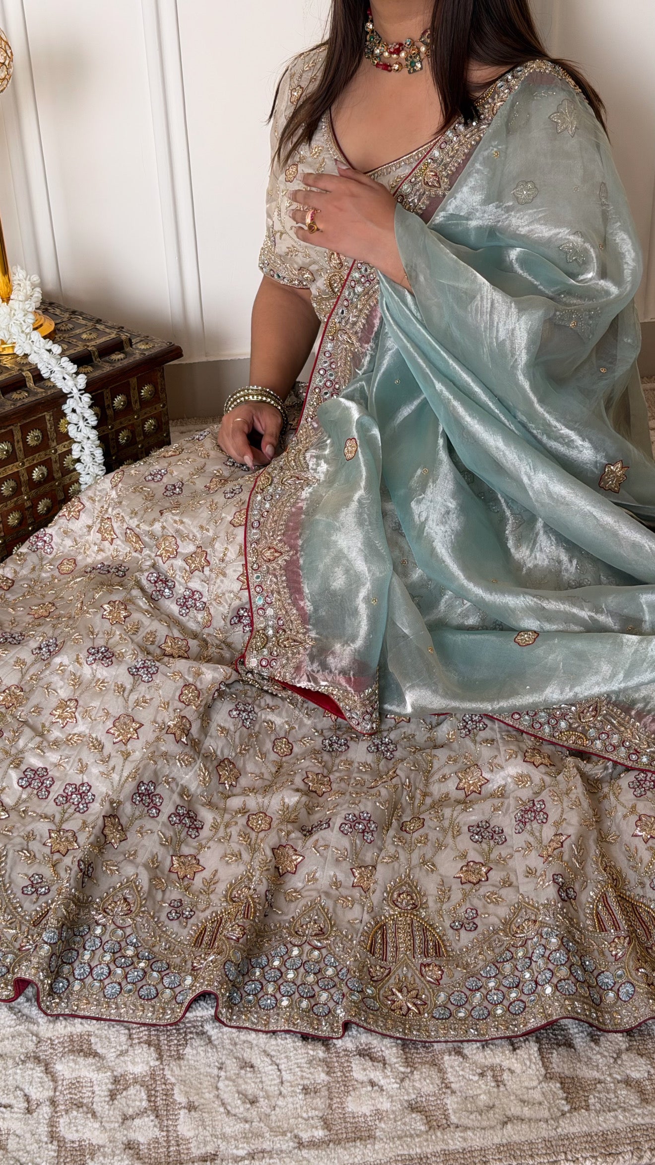 Rajwadi tissue silk mint-red lehenga set