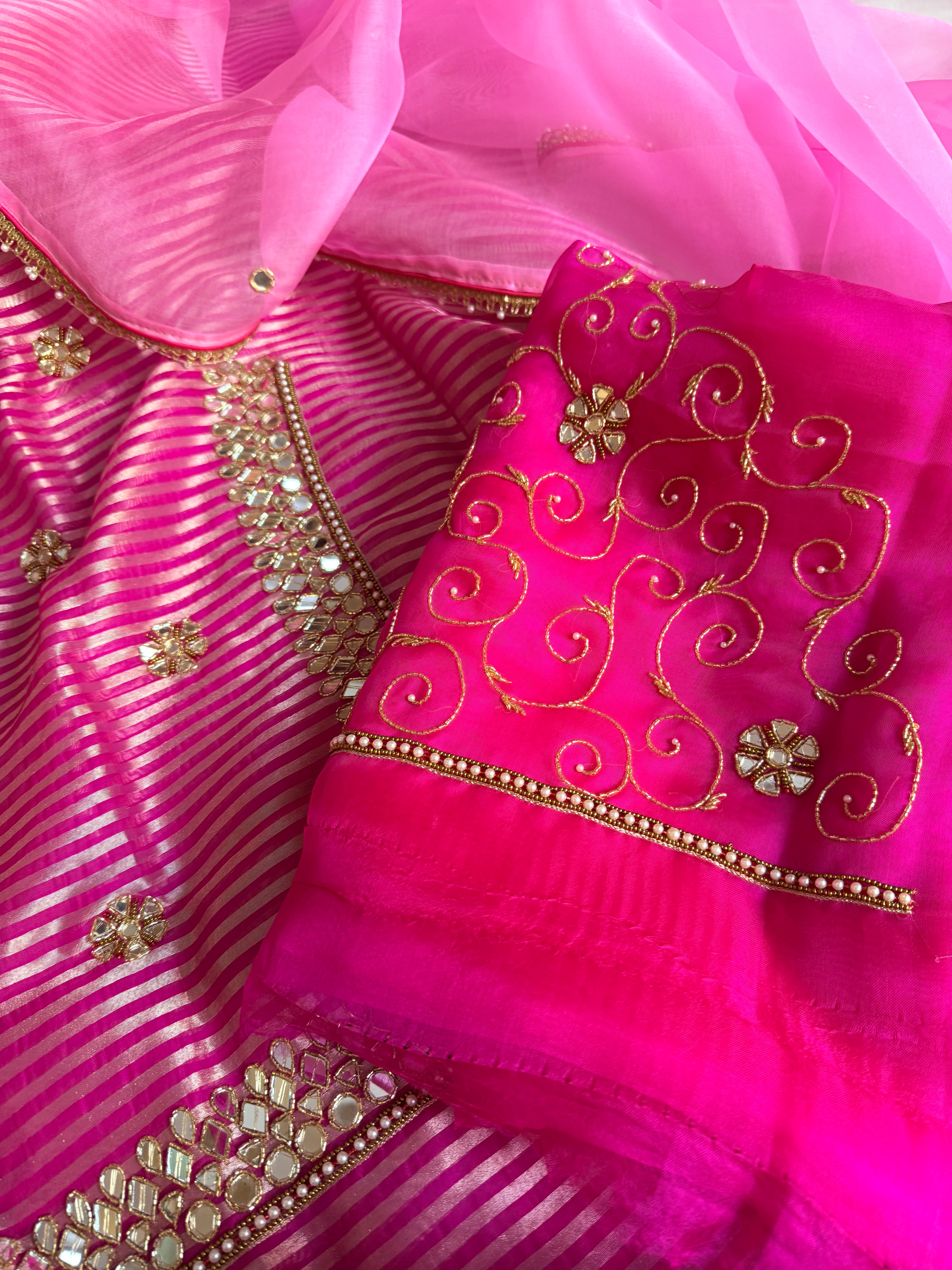 Kora silk silver zari striped mirror work edit hand embroidered kadhwa suit set