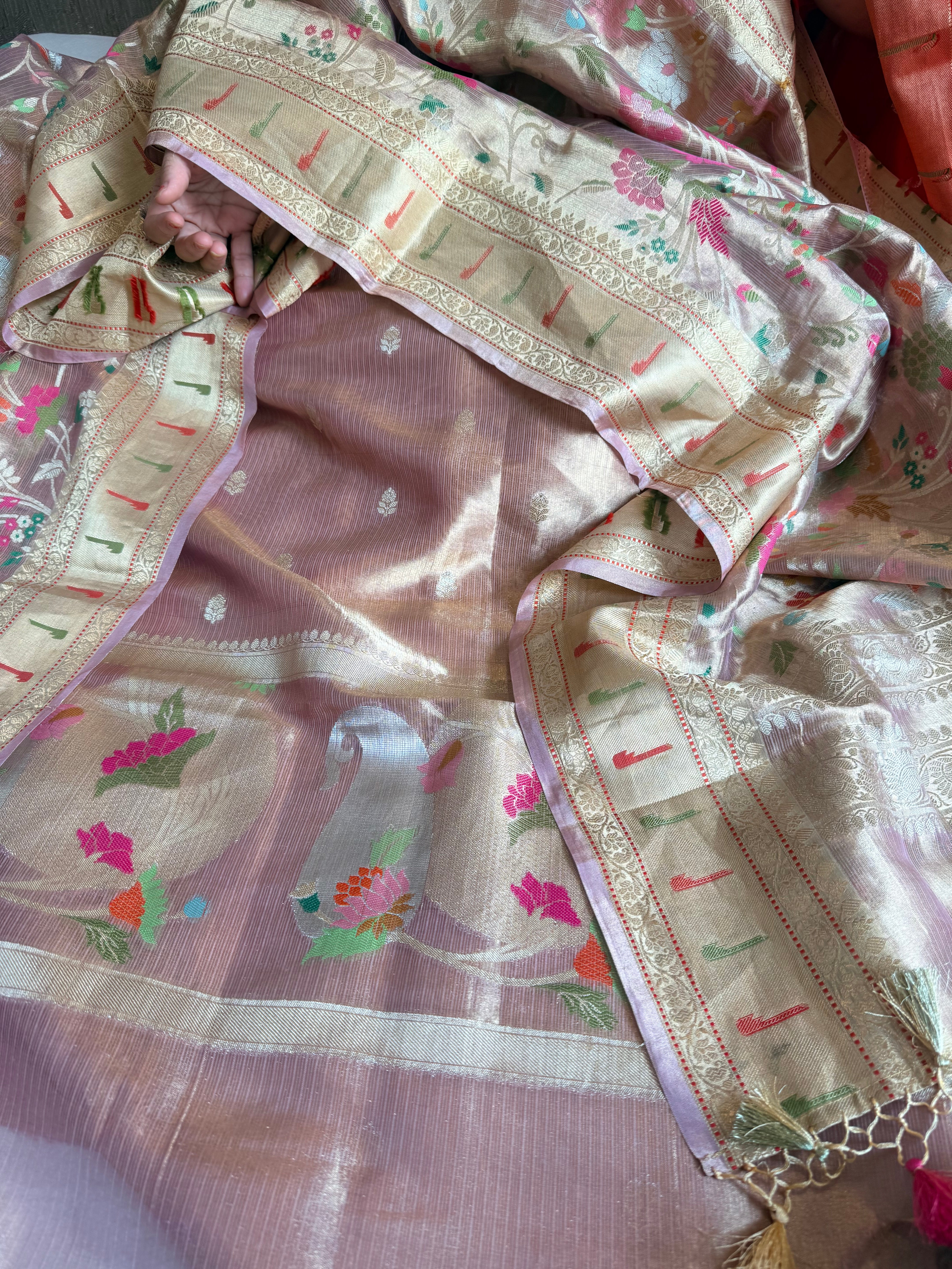 Tissue silk blush pink paithani weaving kadhwa suit set