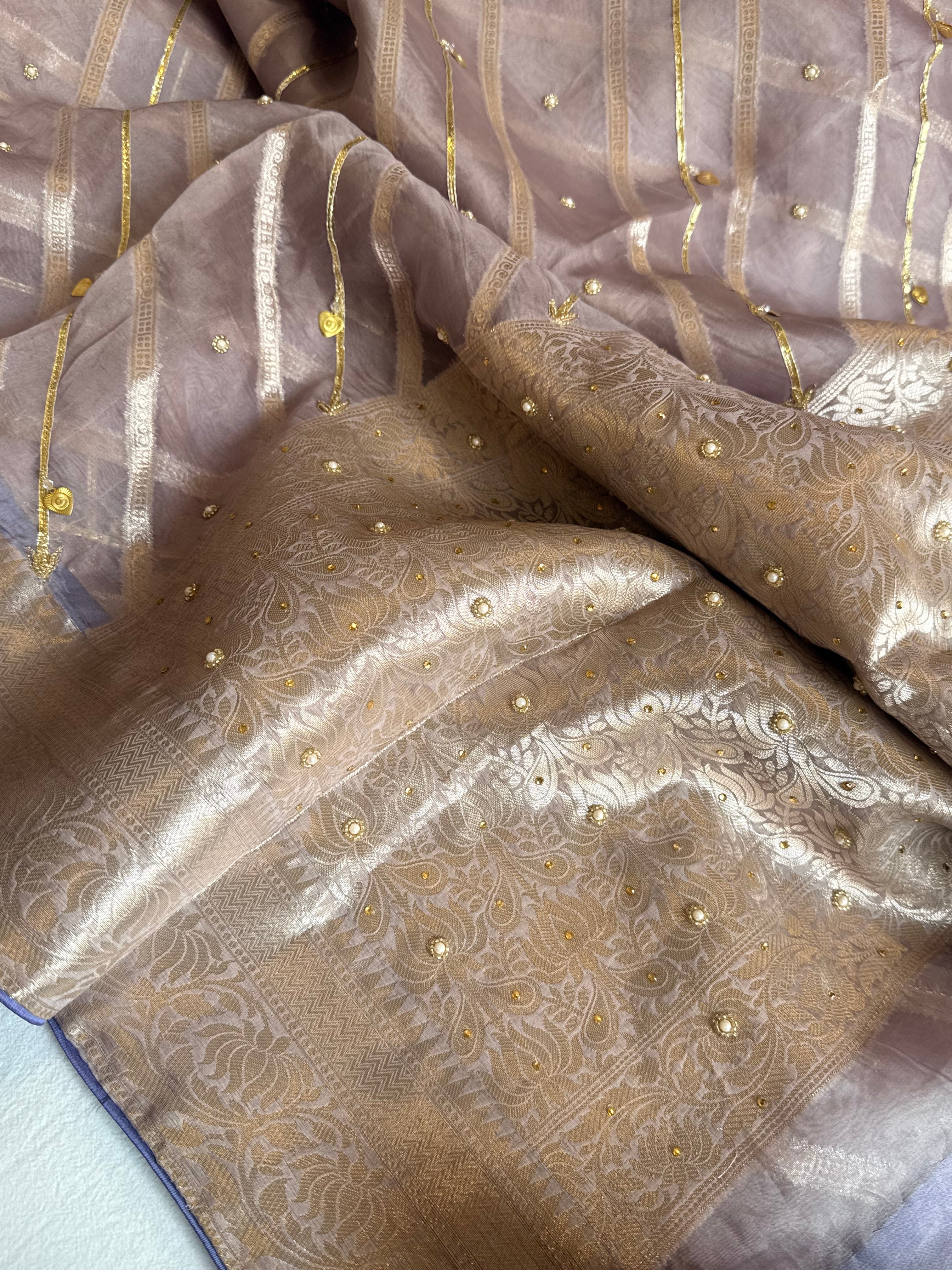 Kora silk kadhwa striped gotapatti work hand embroidered saree