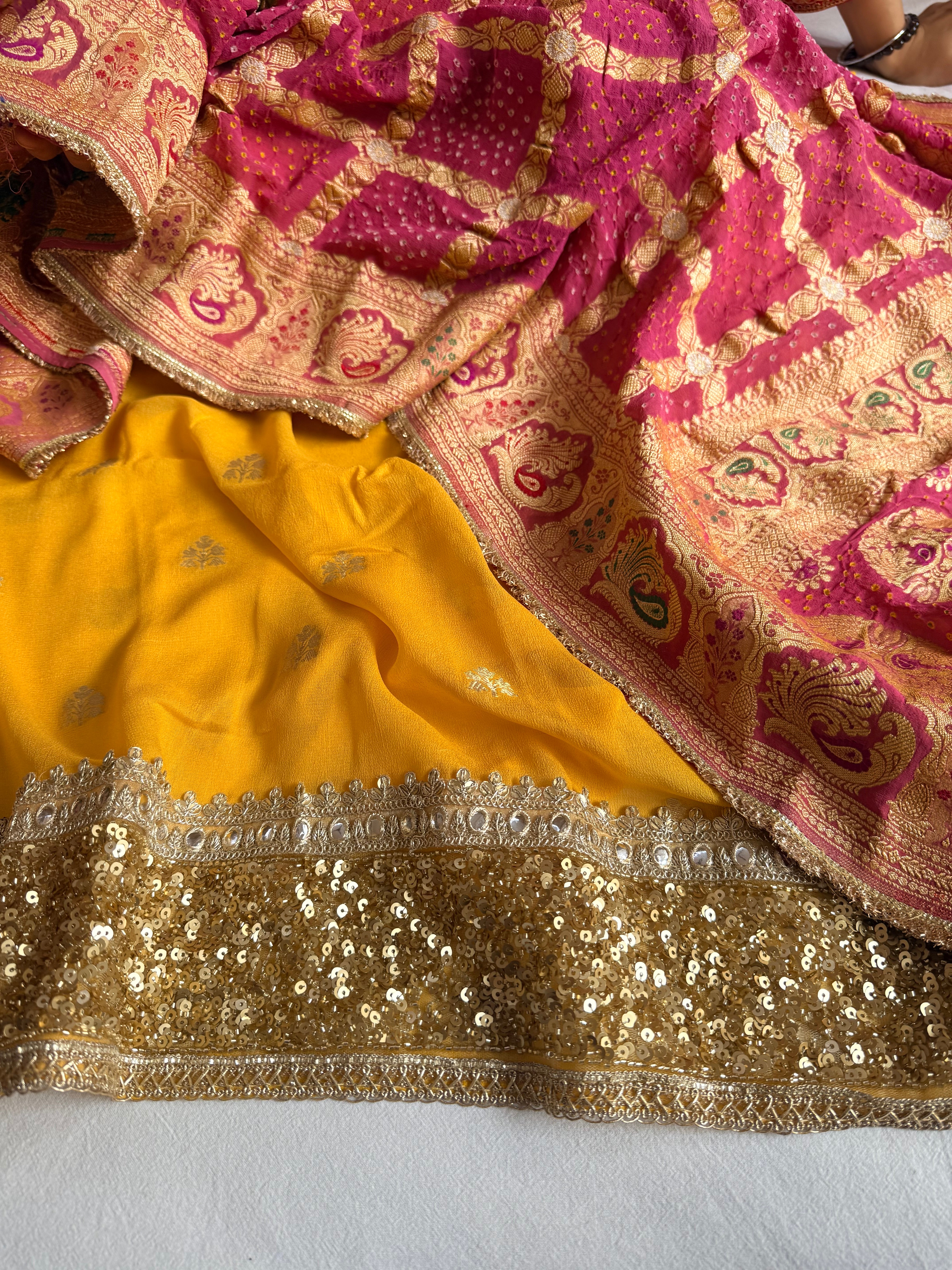 Rai bandhej chiffon gorgette sequin work hand embroidered suit set