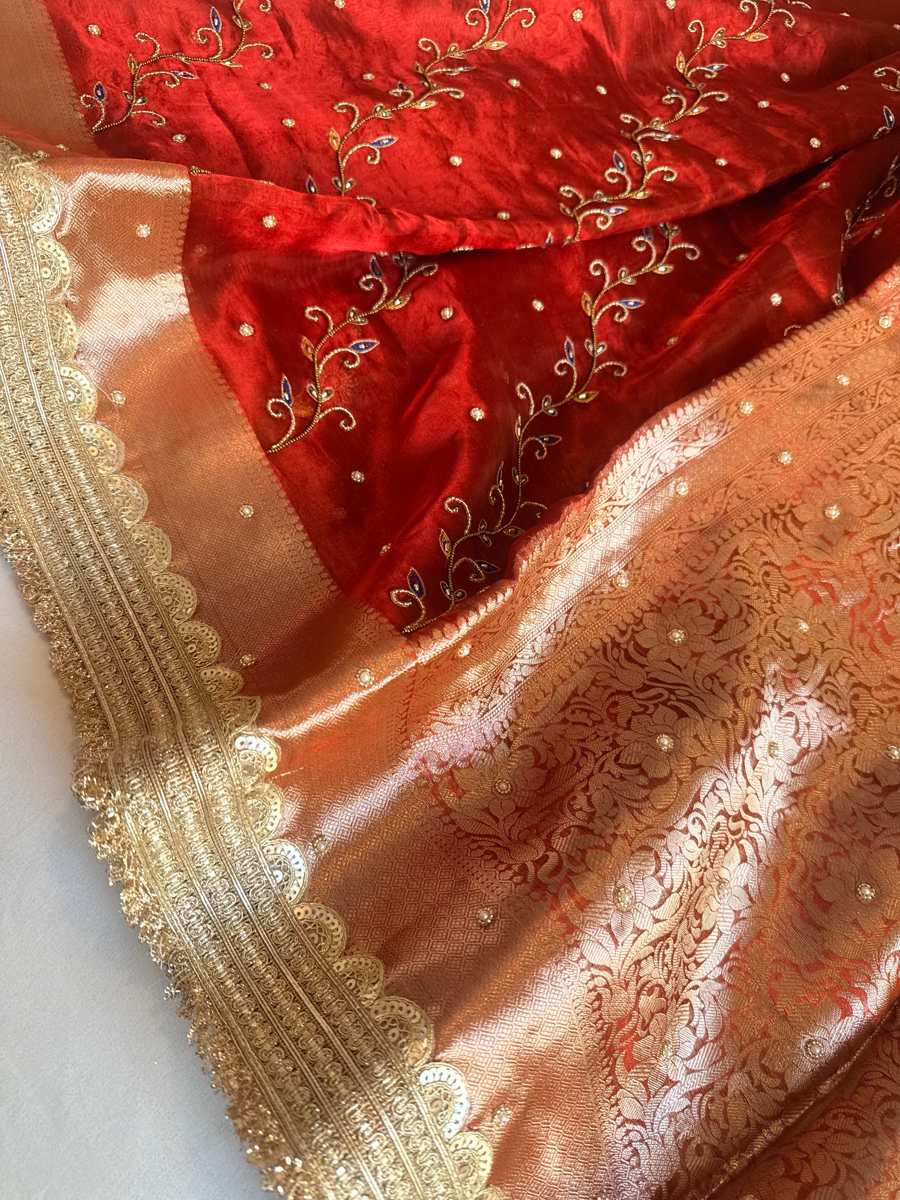 Maharani chand buta kadhwa tissue silk hand embroidered saree duppata set