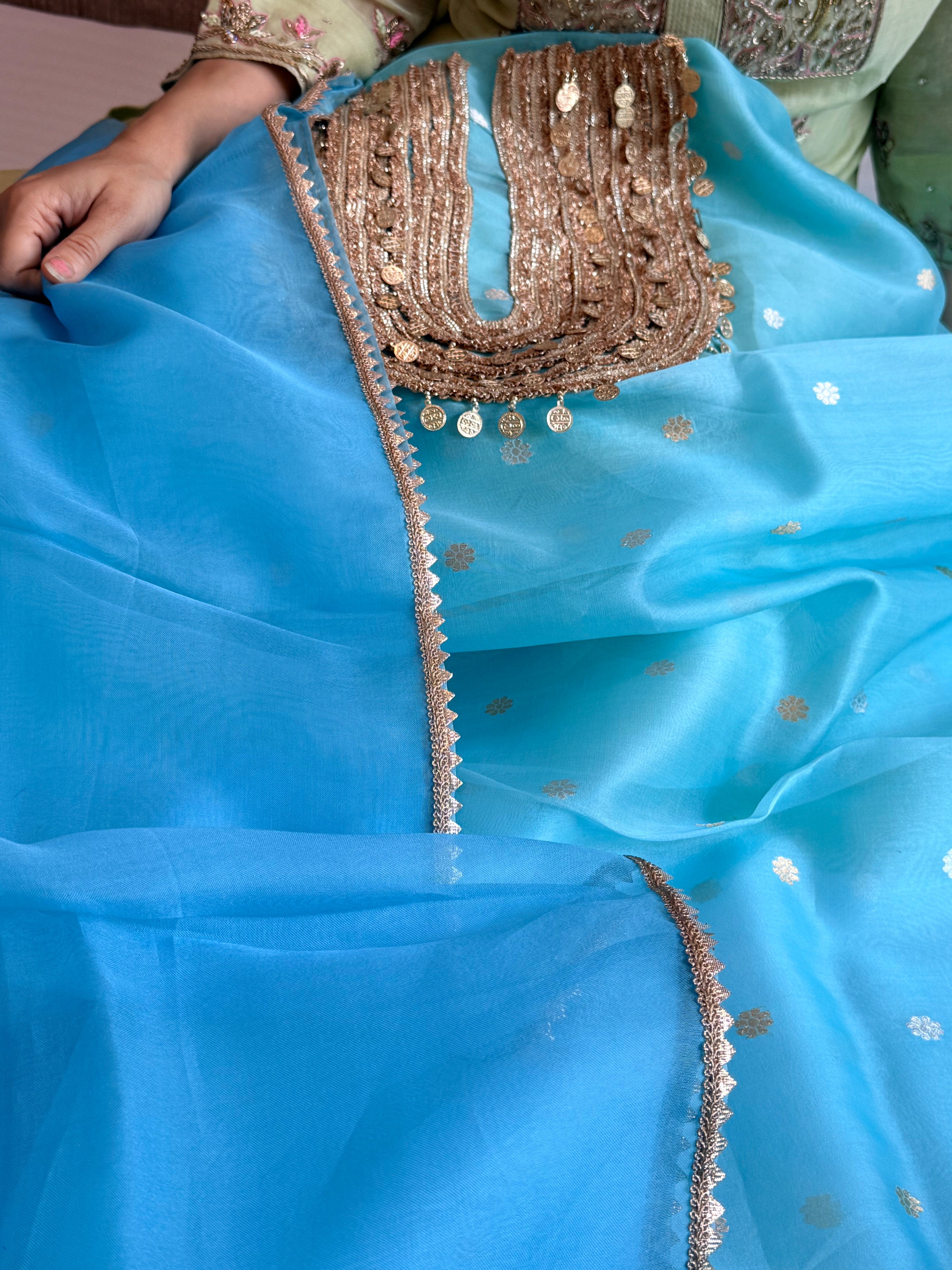 Coinwork banarasi kora silk firozi blue kadhwa suit set