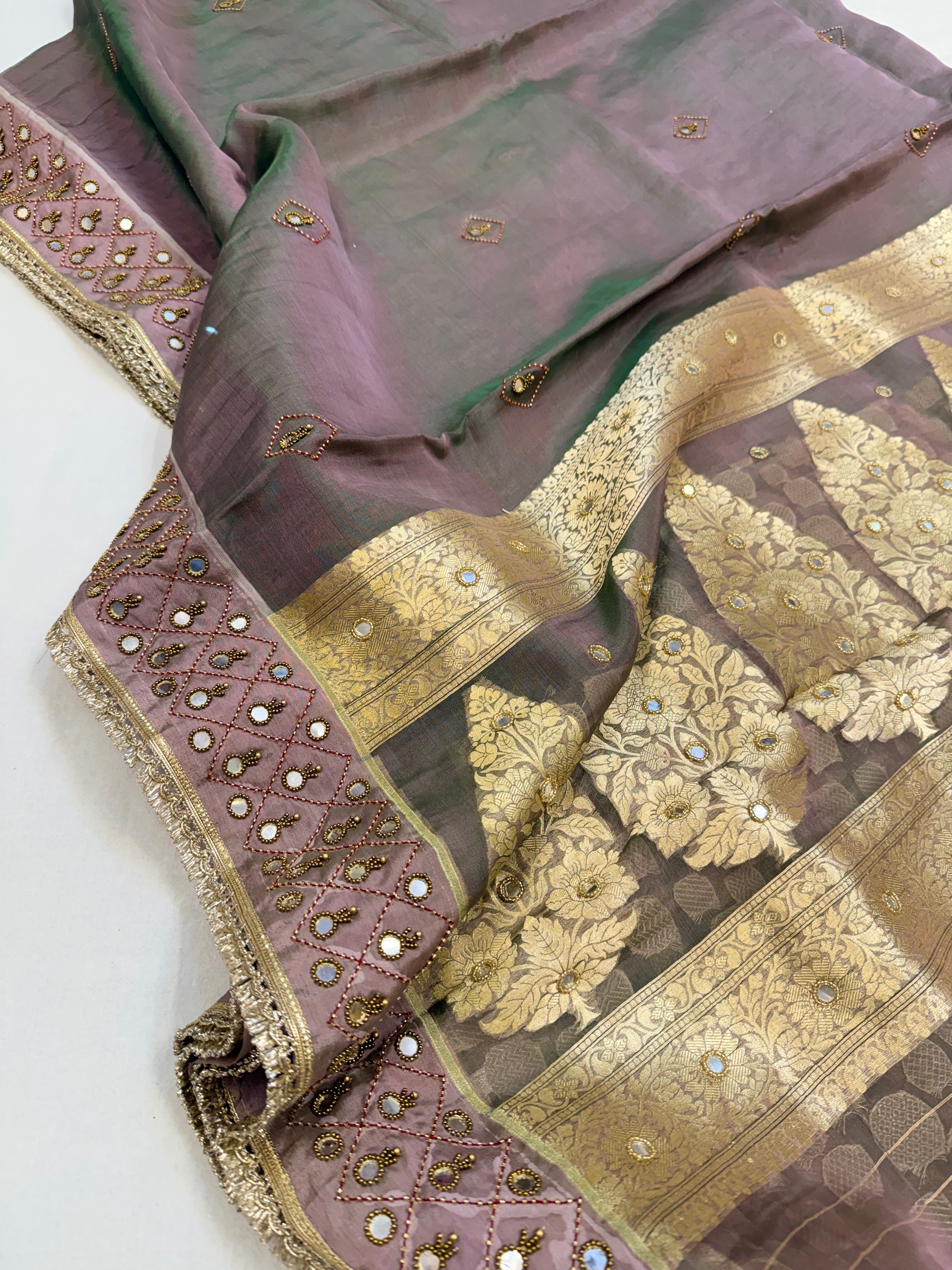 Moonlight purple tissue silk hand embroidered kadhwa saree