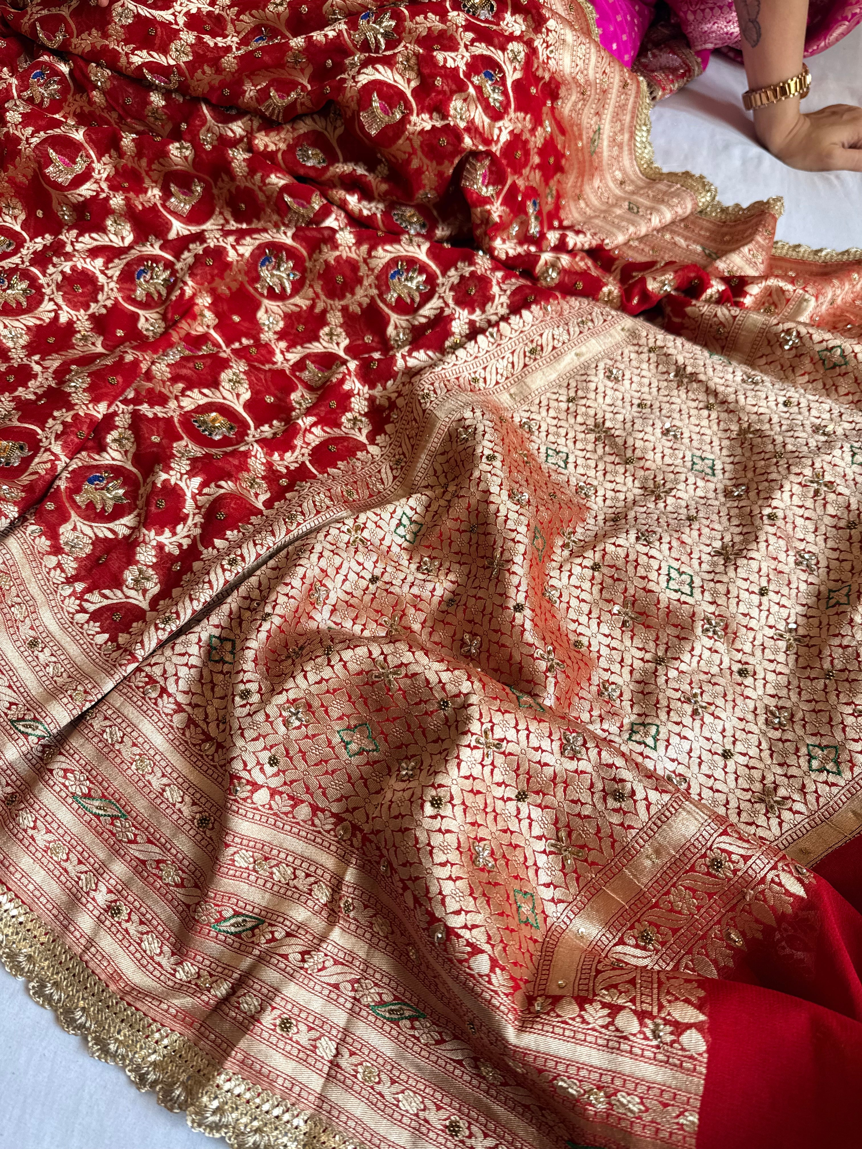 Bridal red chiffon gorgette jaal work hand embroidered kadhwa saree