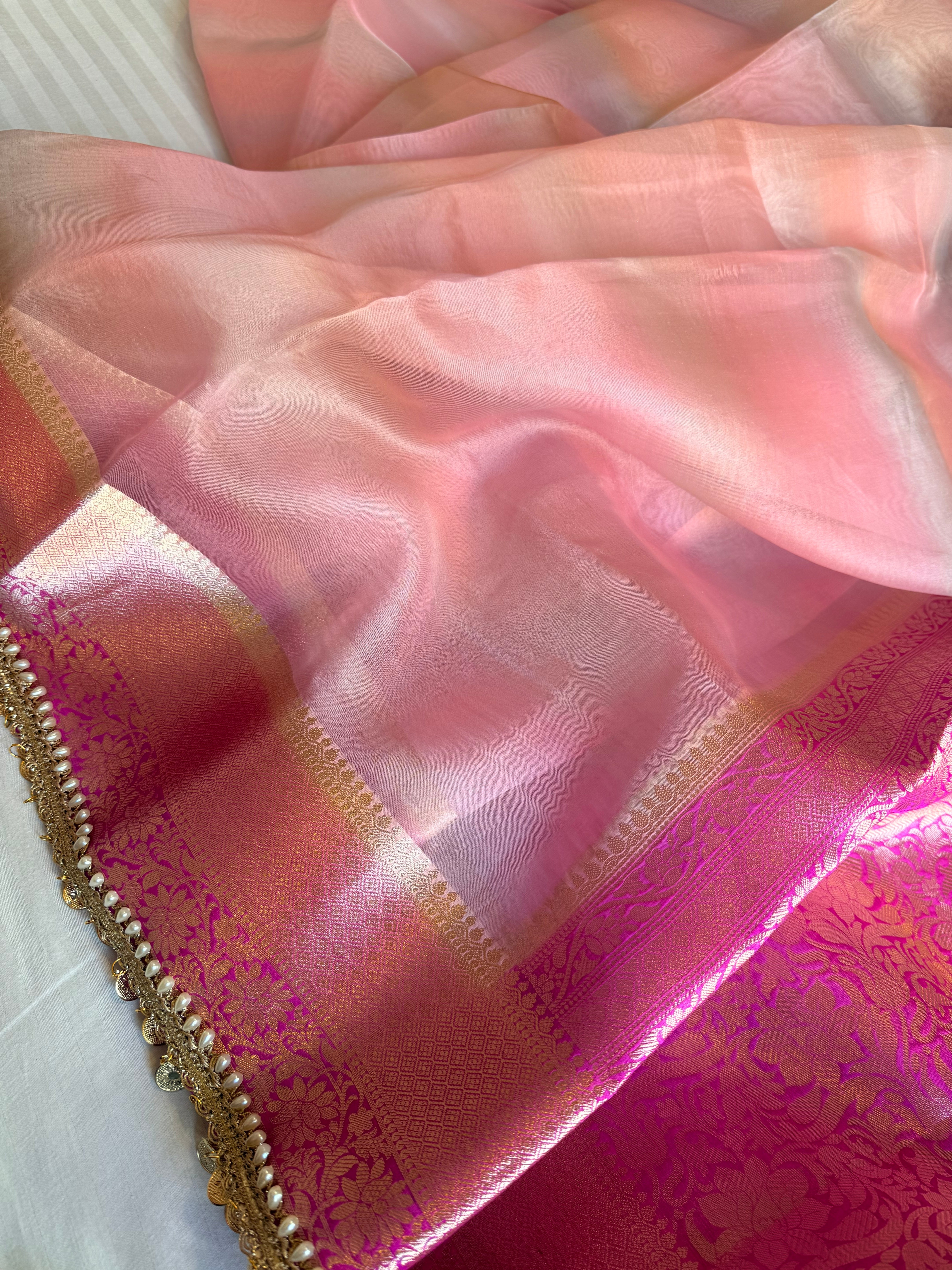 Banarasi kora silk rainbow dyed kadhwa saree with gotapatti work