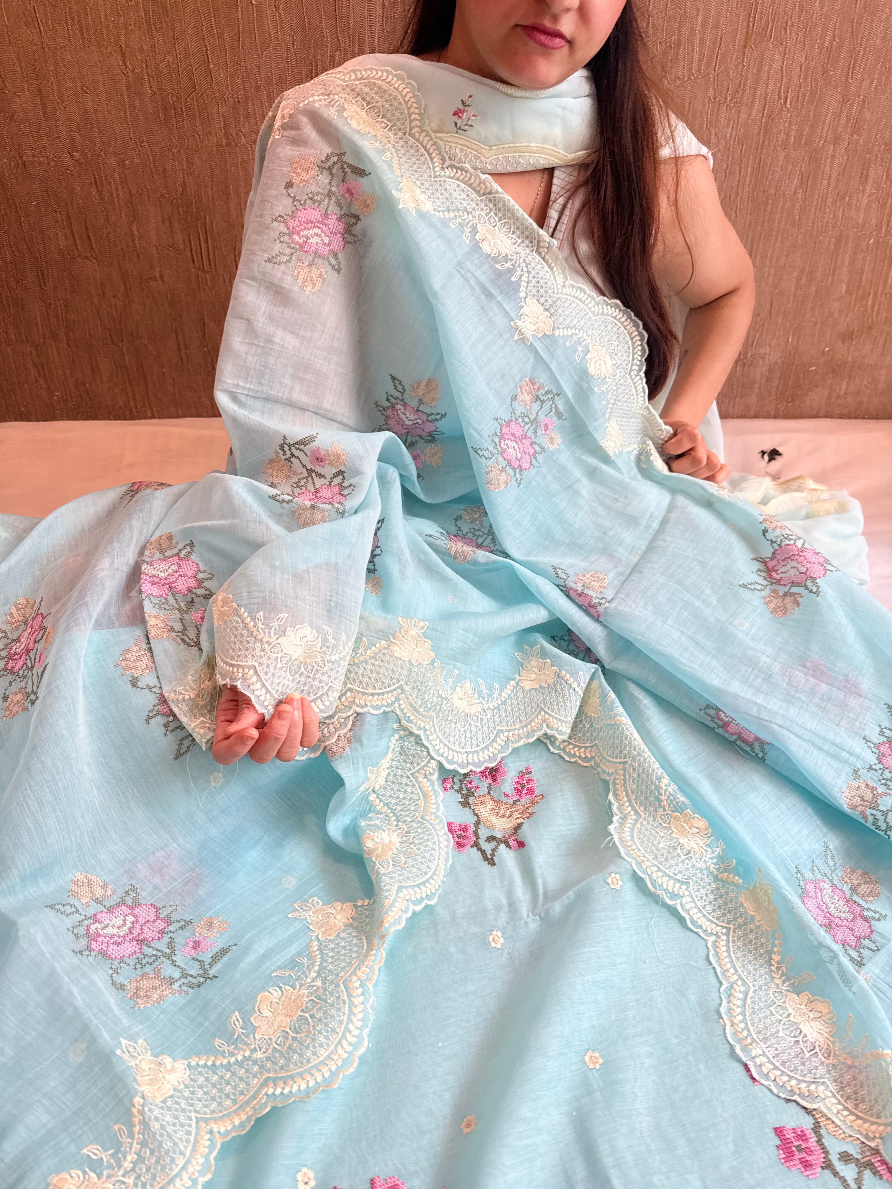 Blush blue cross-stitch hand embroidered resham work suit set