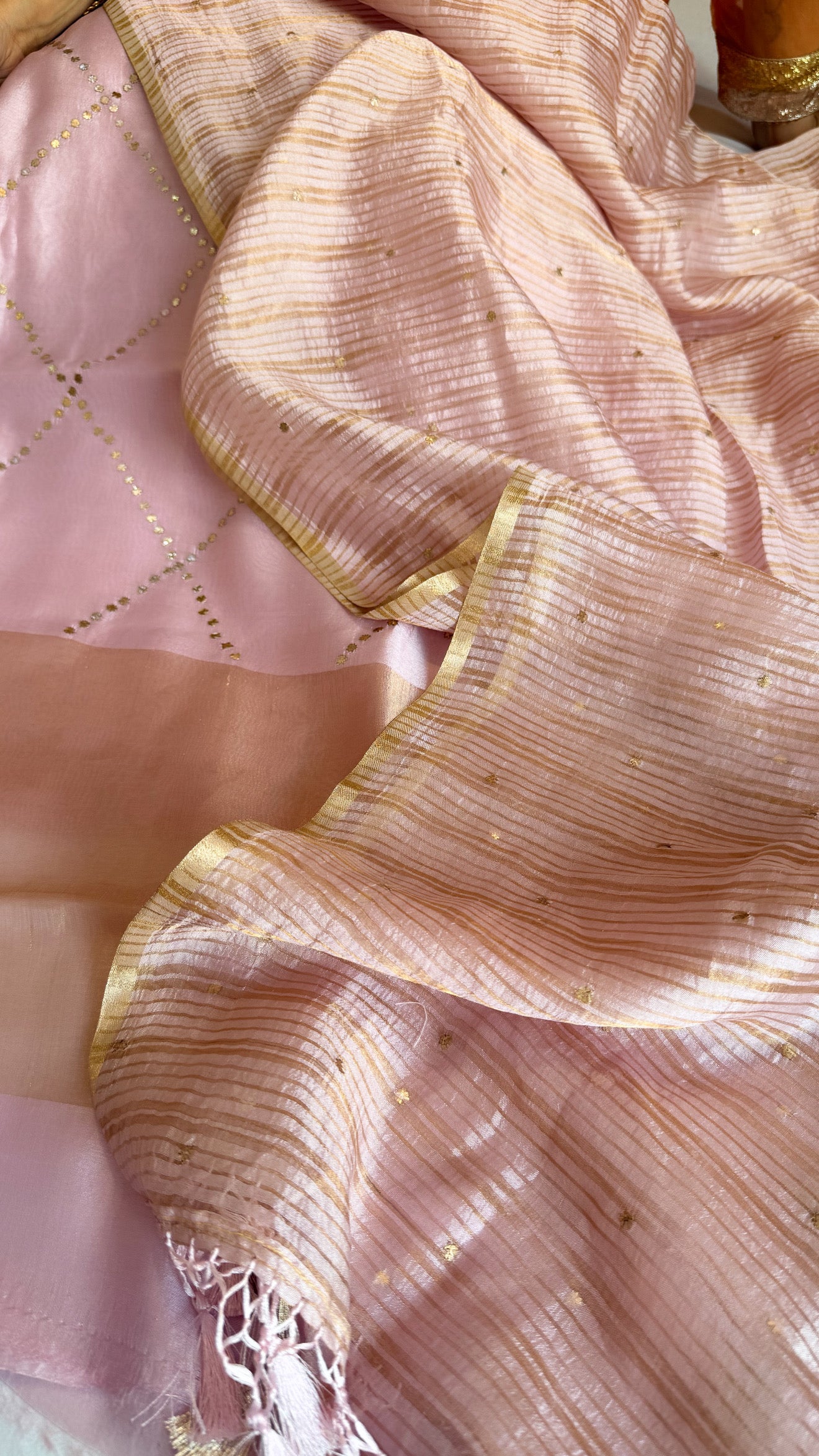 Summer suit edit - Spun chiniya silk mukaish work blush pink hand embroidered suit set