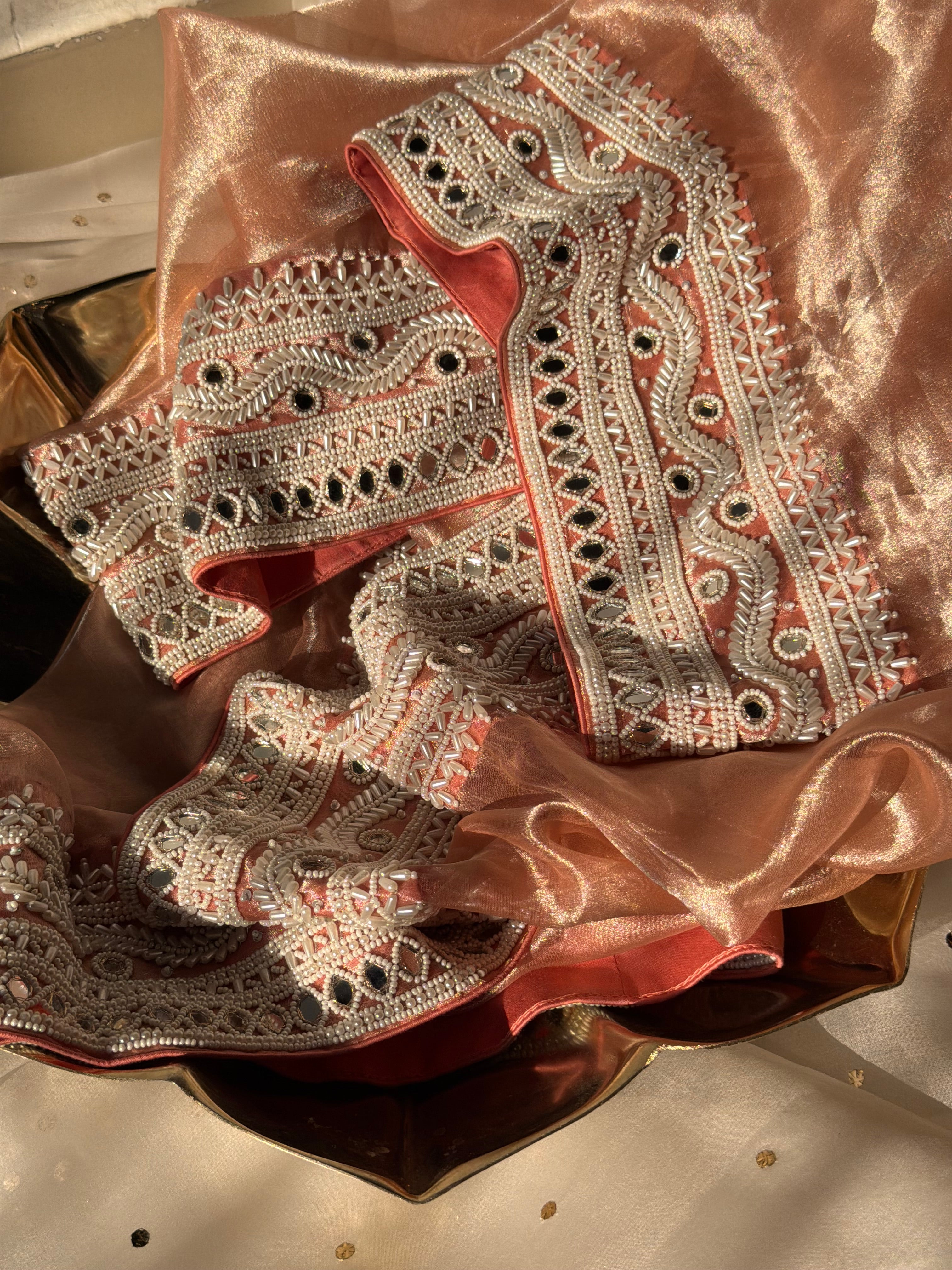 Gajri peach mirrorwork and pearlwork hand embroidered diamond tissue saree