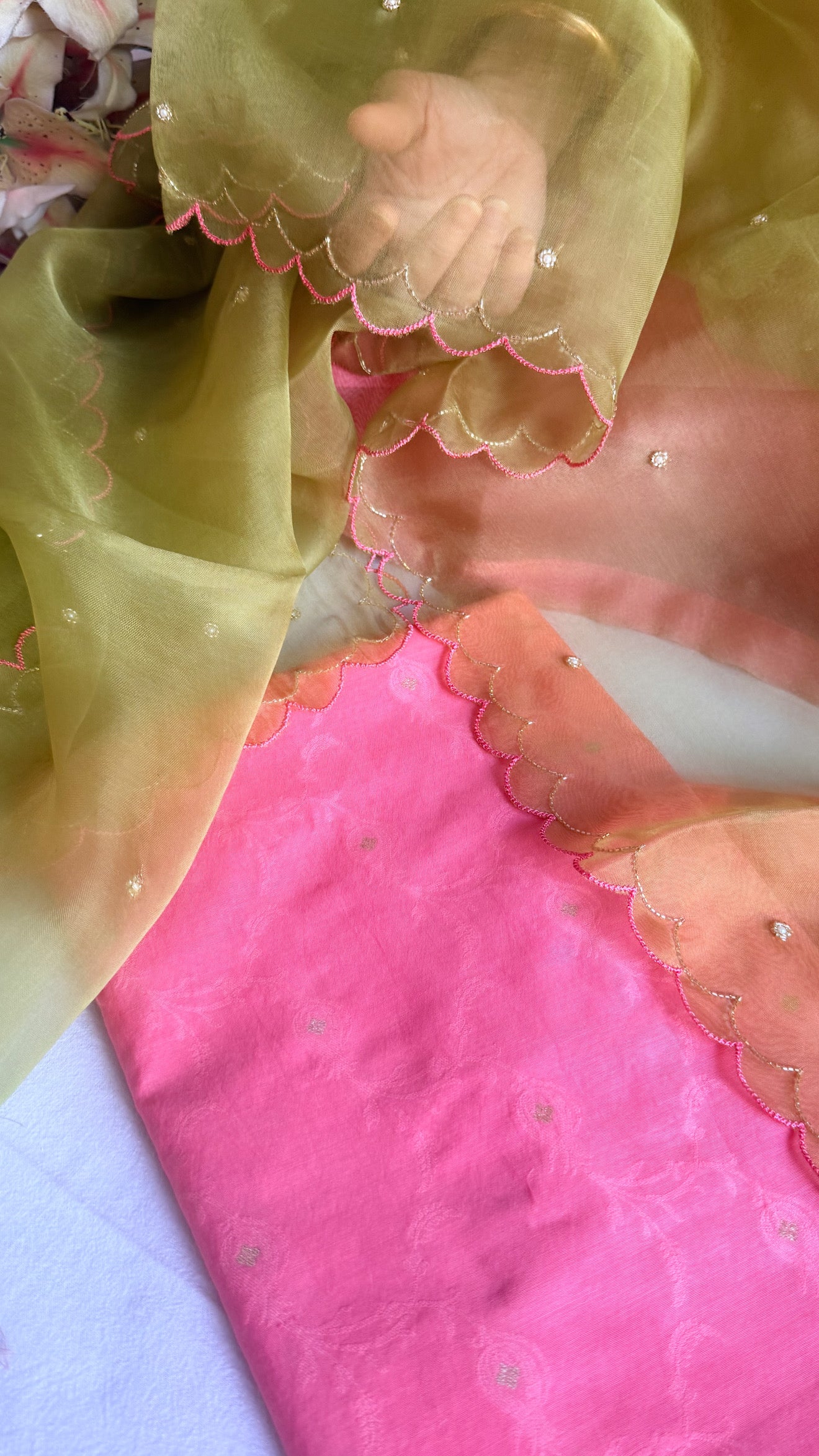 Summer suits under 8k - Mul cotton pink kurta paired with kora silk scalloped green duppata set