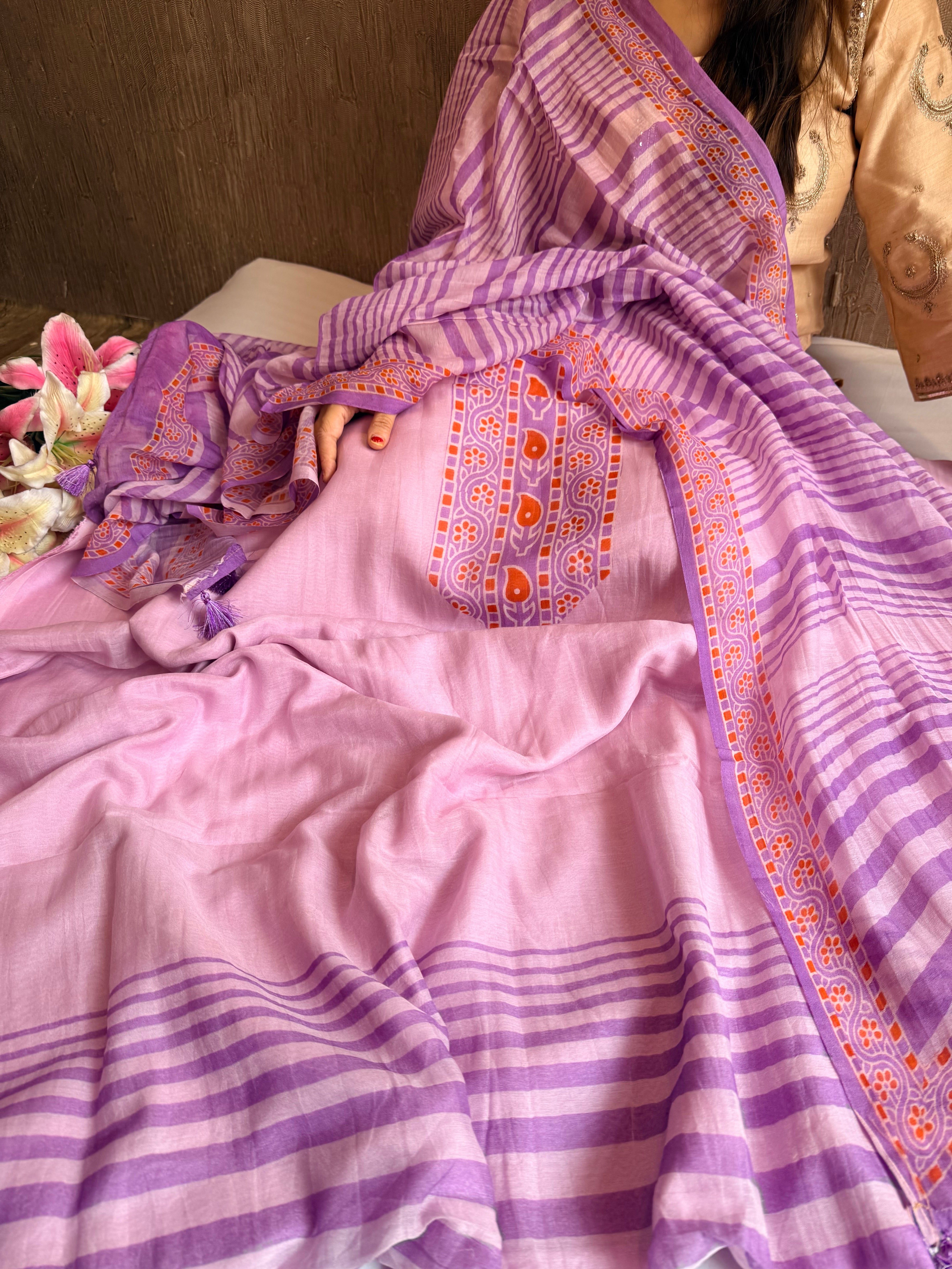 Lilac mul cotton printed kadhwa weaving suit set