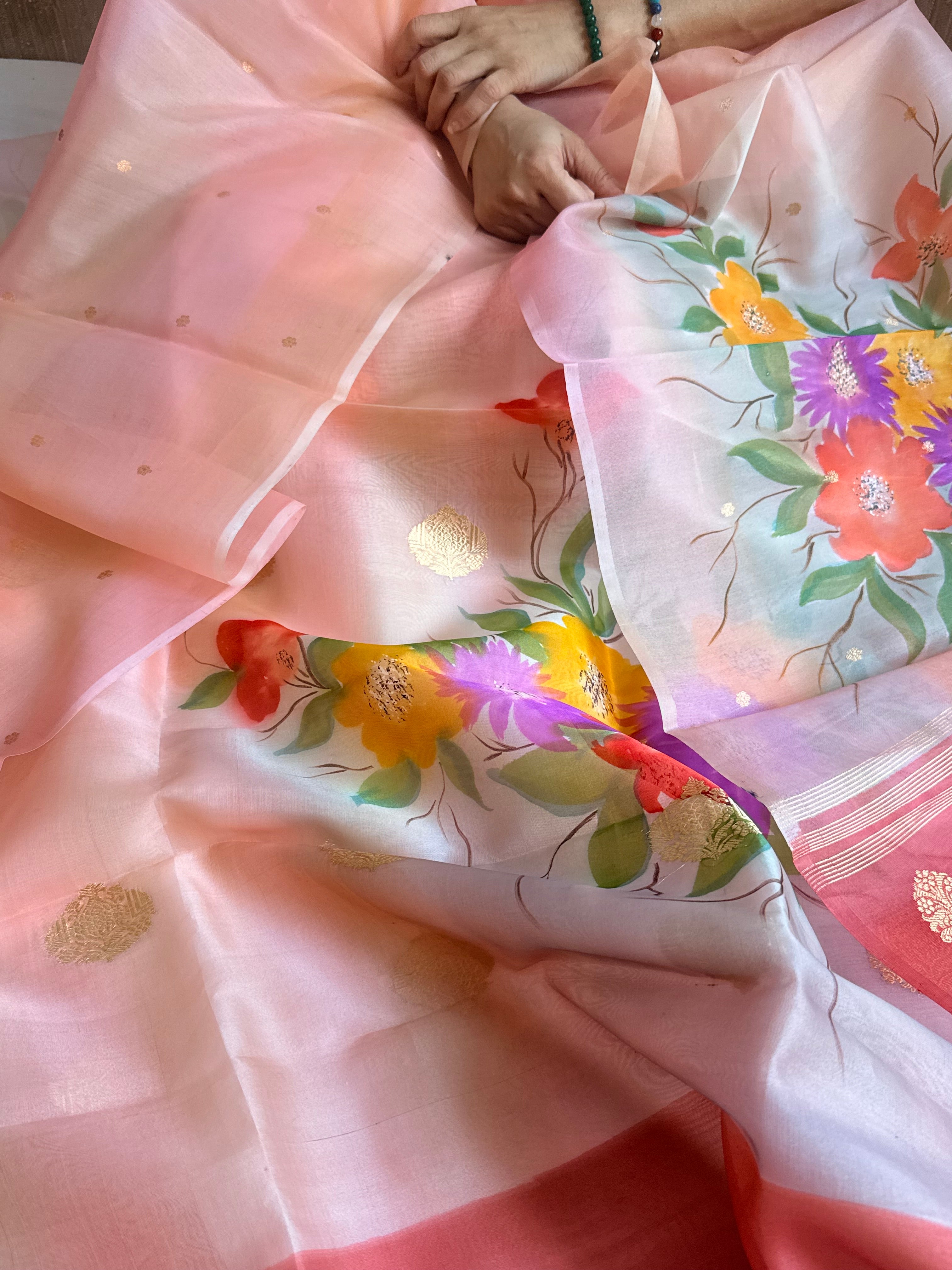 Banarasi kora silk handpainted ghatwork kadhwa buti rainbow dye suits