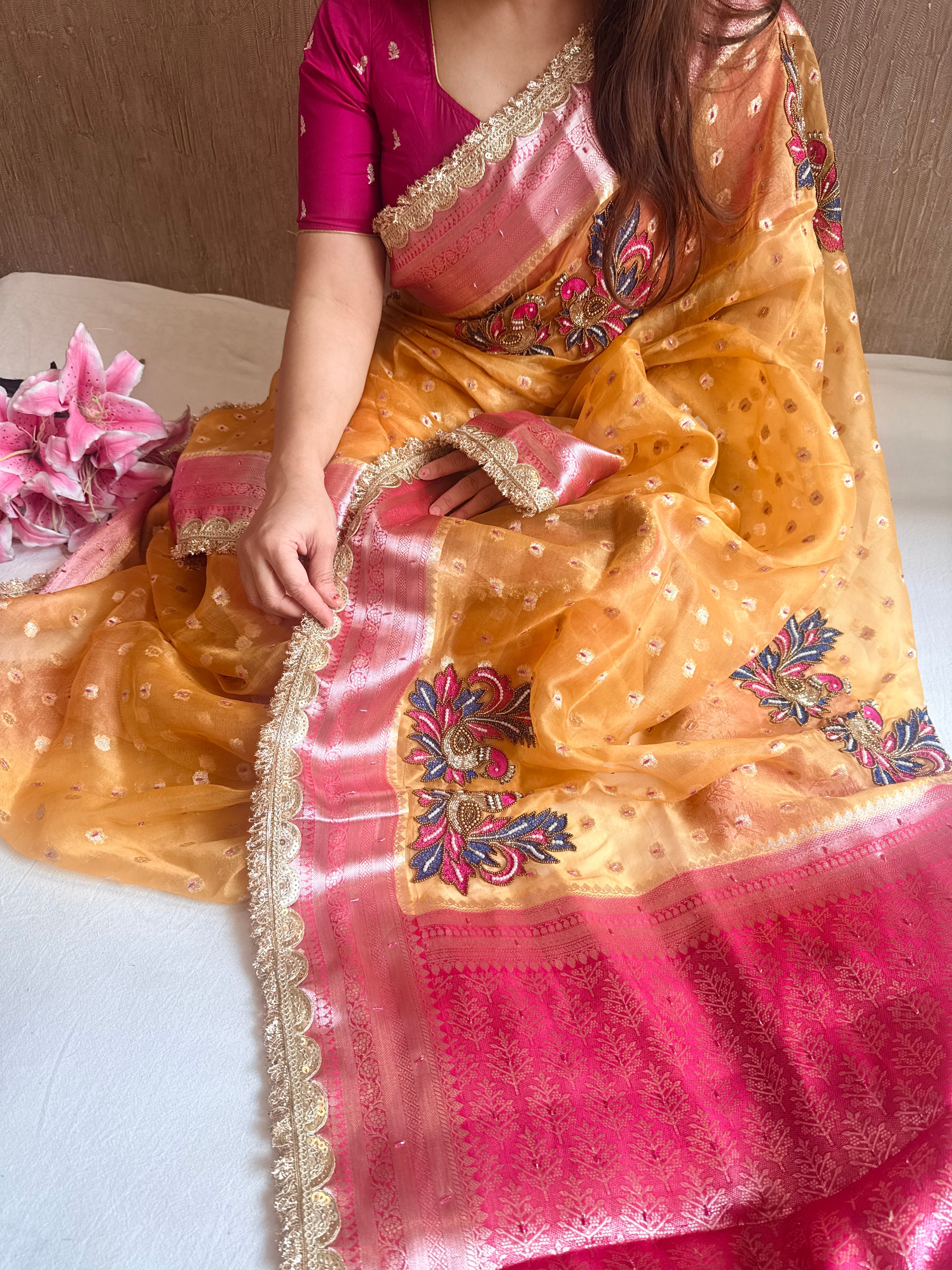 Ombre shaded kora silk kadhwa buti peacock motif hand embroidered saree