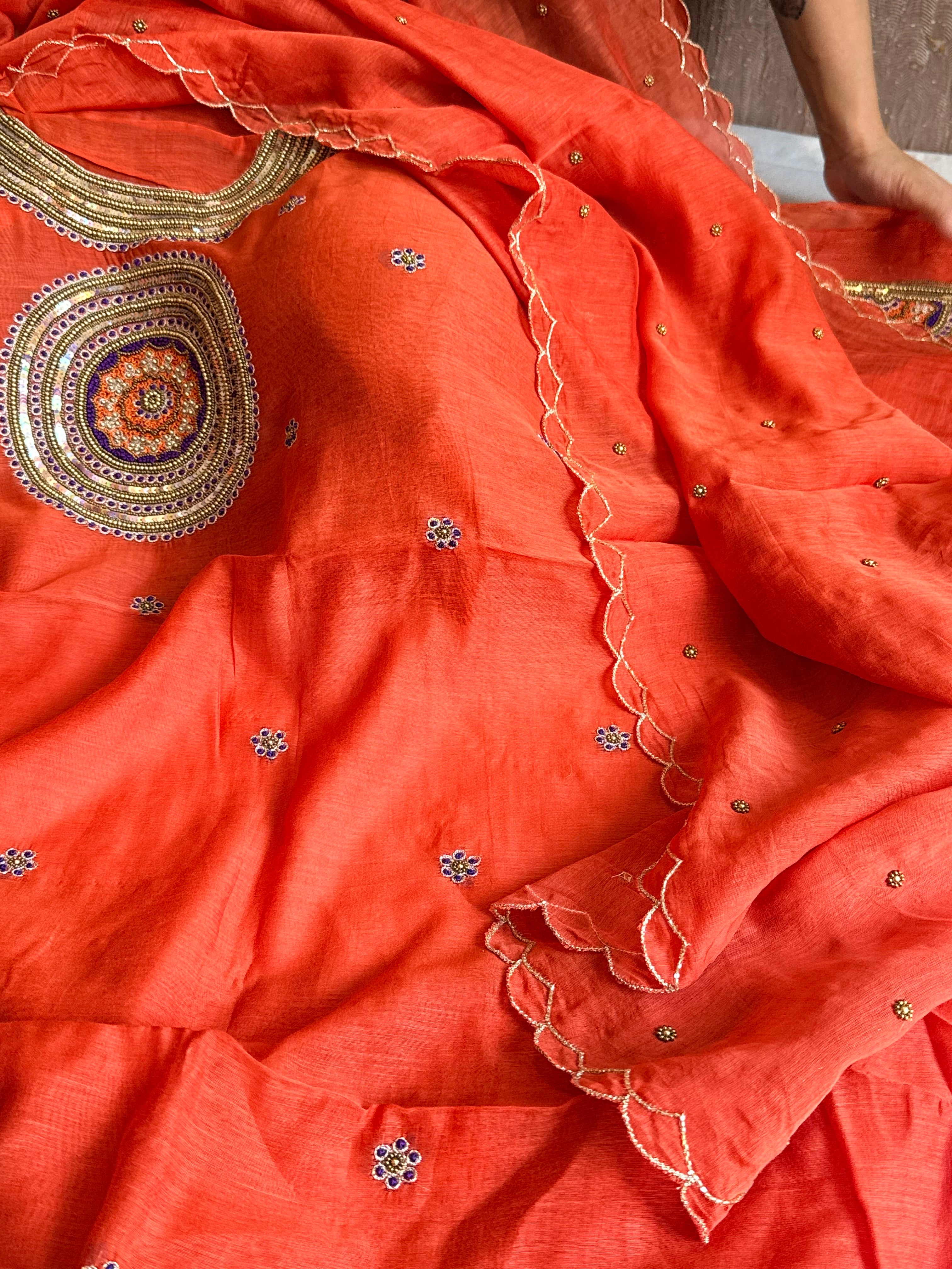 Mul cotton mandala inspired hand embroidered kadhwa suit set