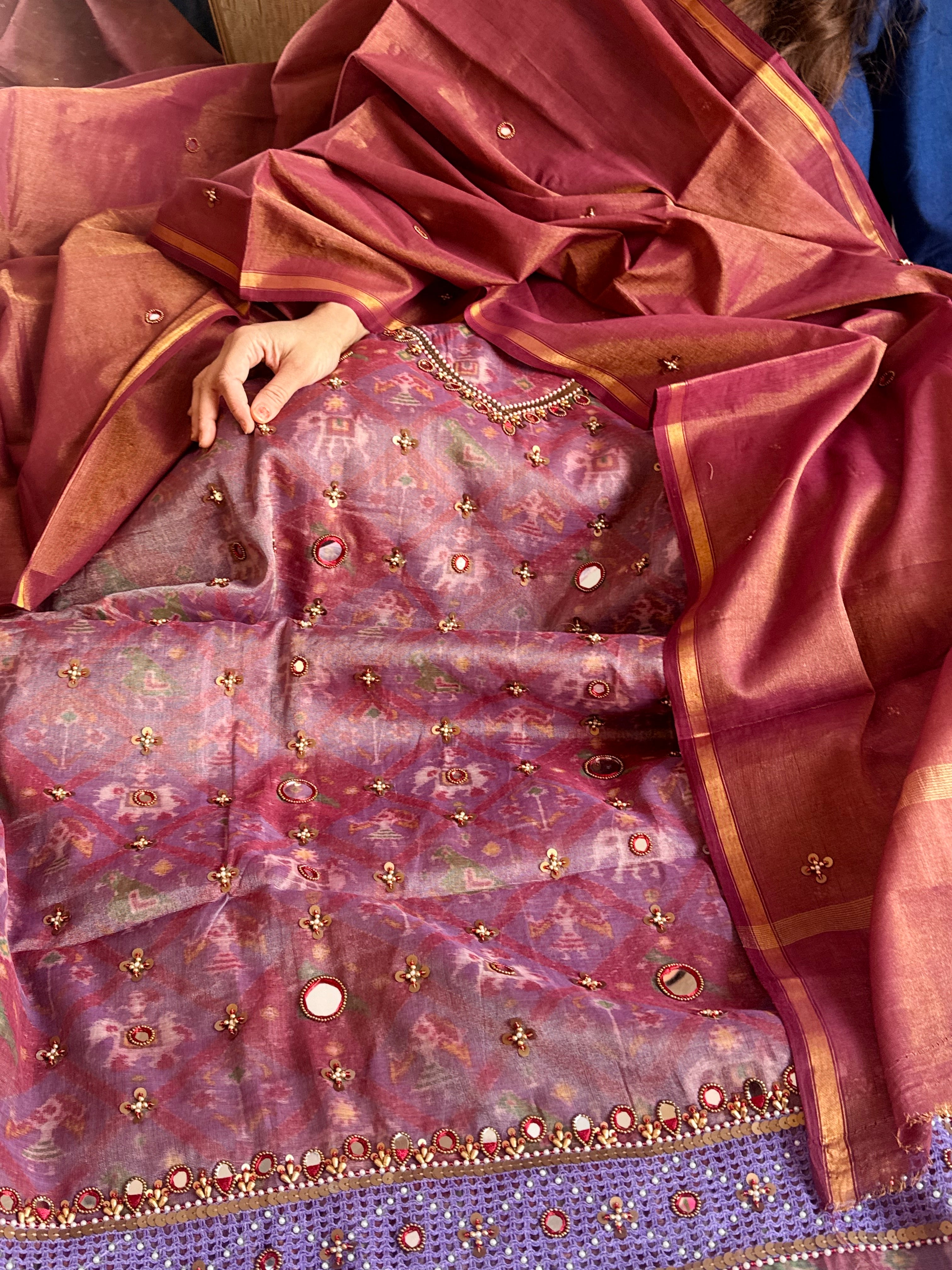 Patola weaving hand embroidered mul cotton tissue suit sets