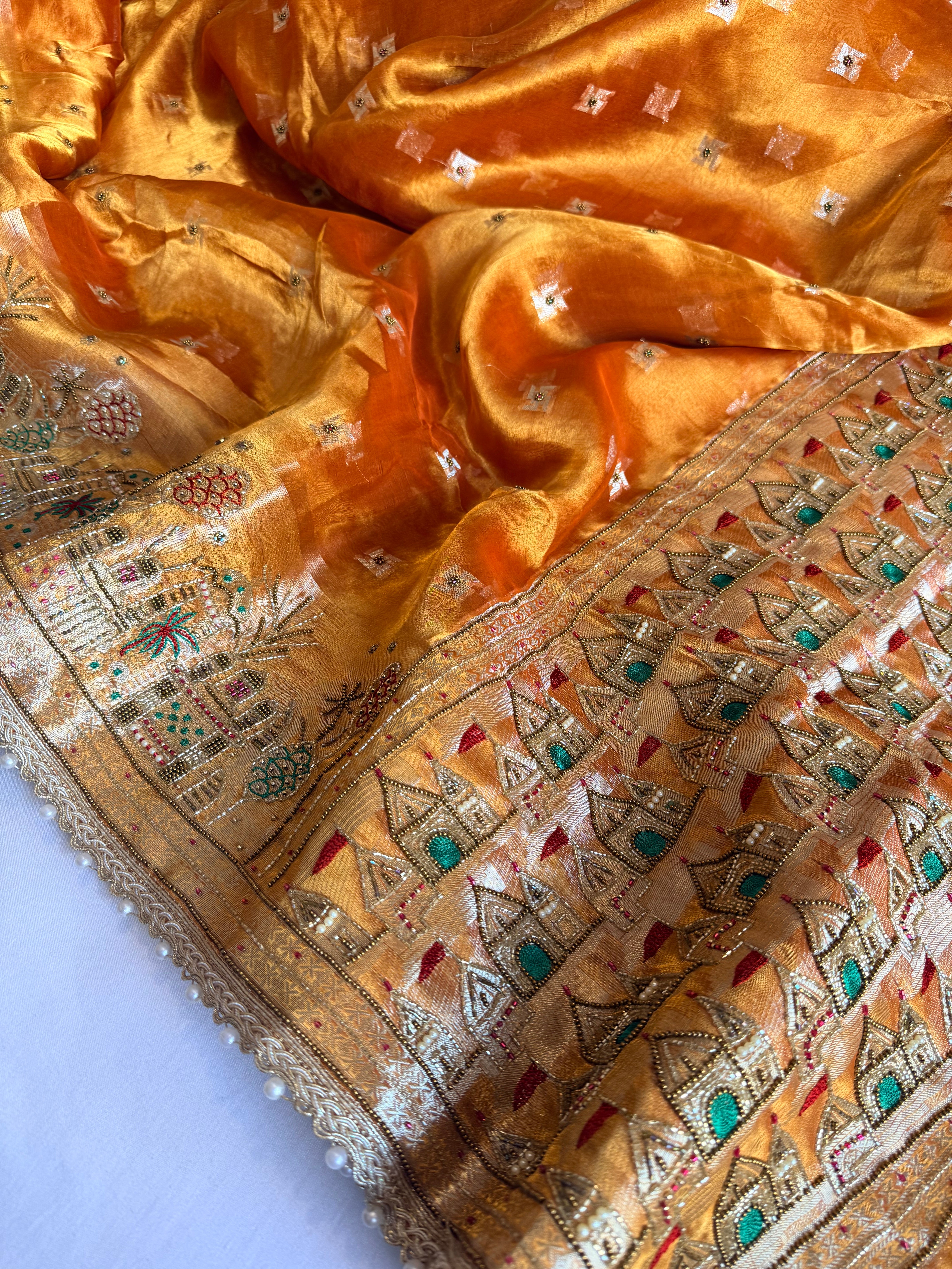 Ganga-darshan edit - Tissue silk kanjivaram orange hand embroidered kadhwa saree