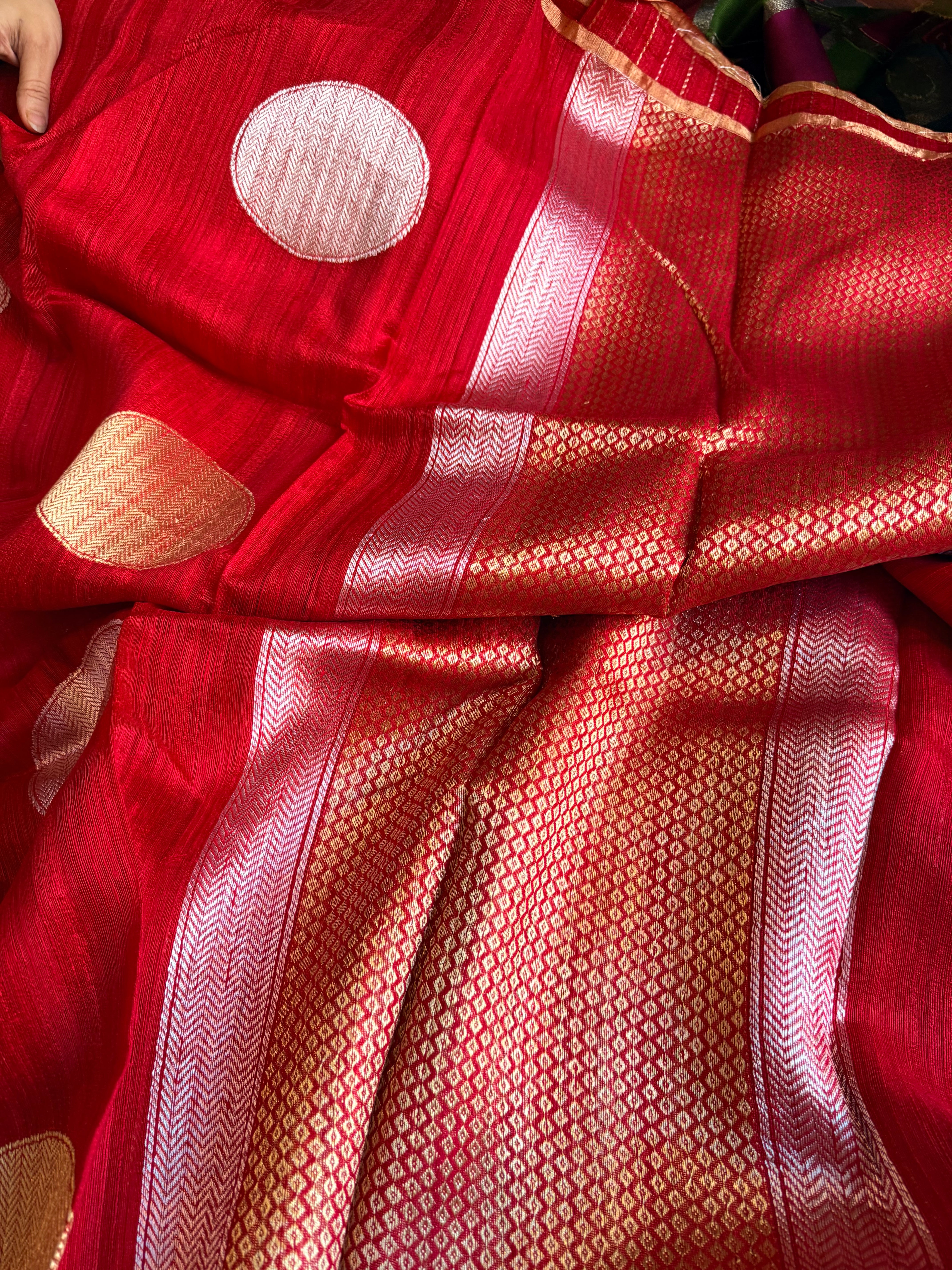 Blood red tussar gorgette kadhwa weaving saree