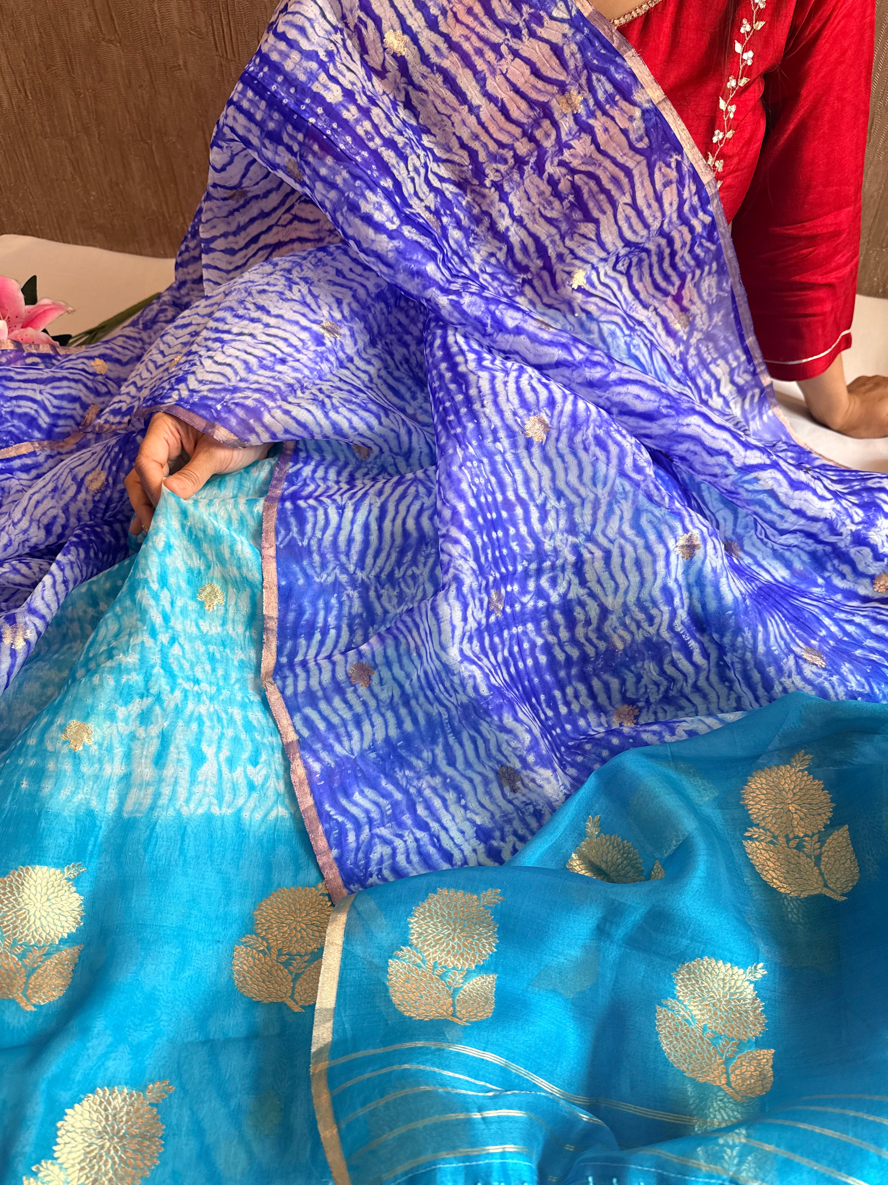 Banarasi kora silk shibori dyed kadhwa buti meenakari suit set