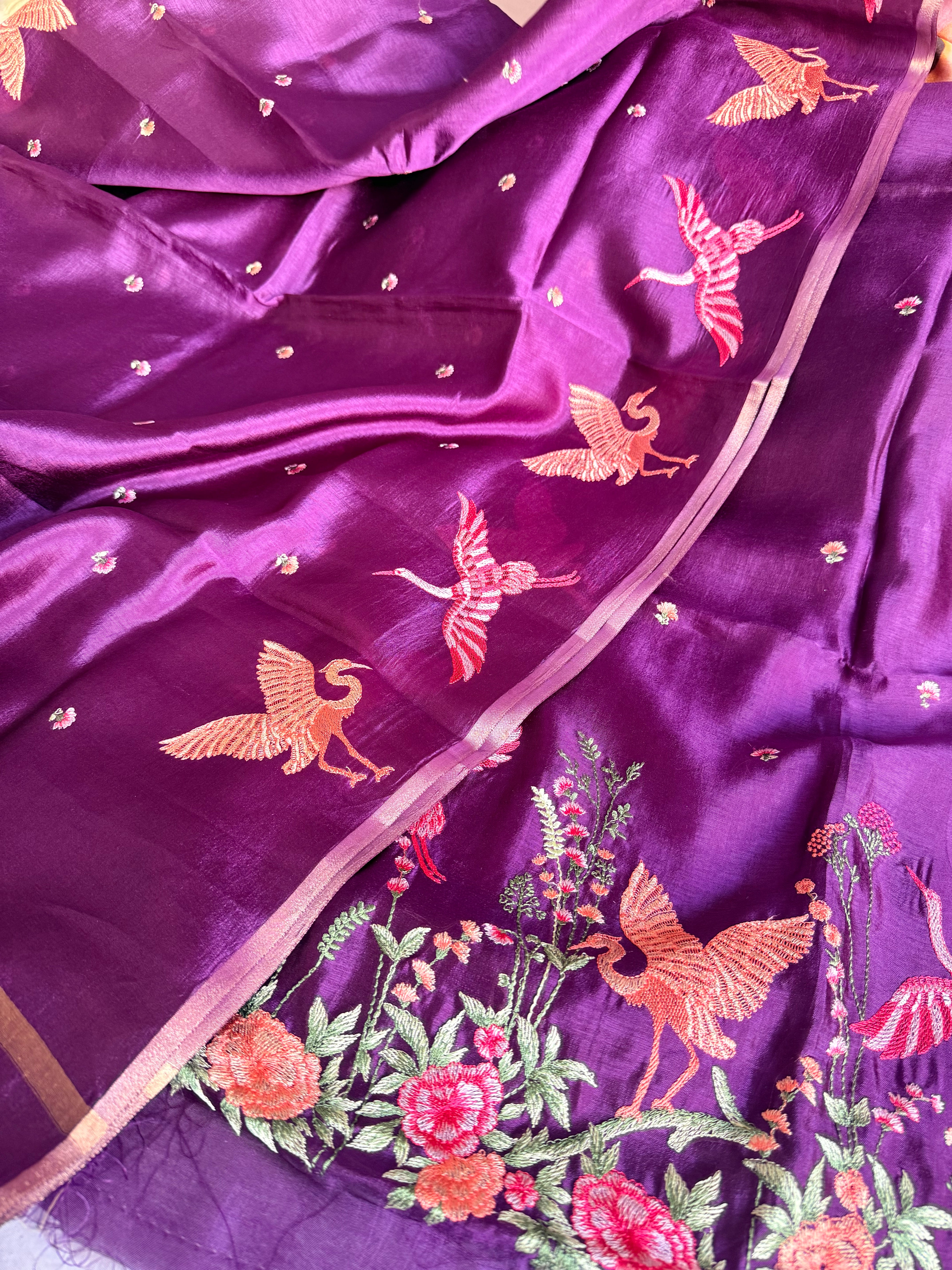 Suits under 10k - Spun chiniya silk parsi gara hand embroidered suit set