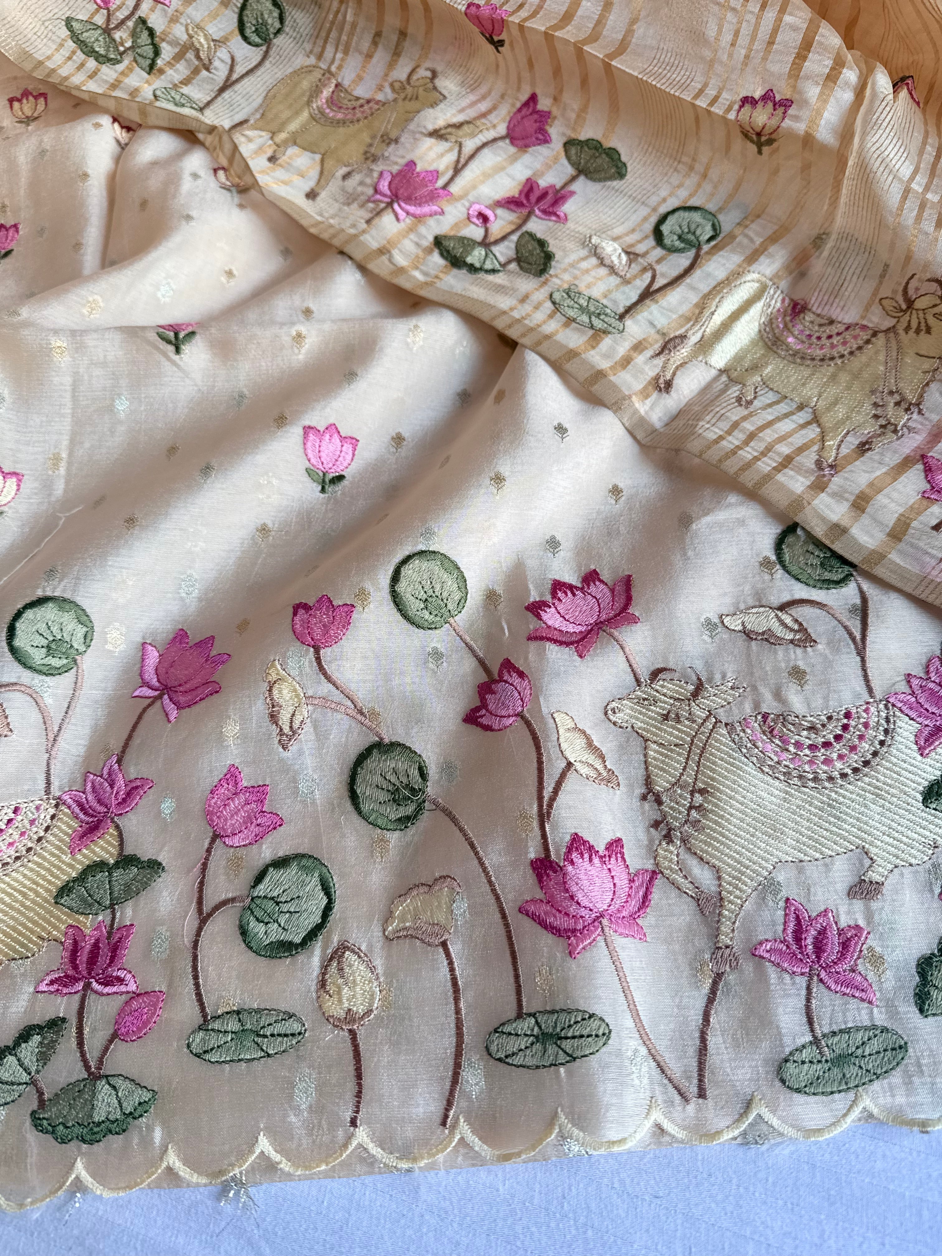 Suits under 10k - Spun chiniya silk parsi gara hand embroidered suit set
