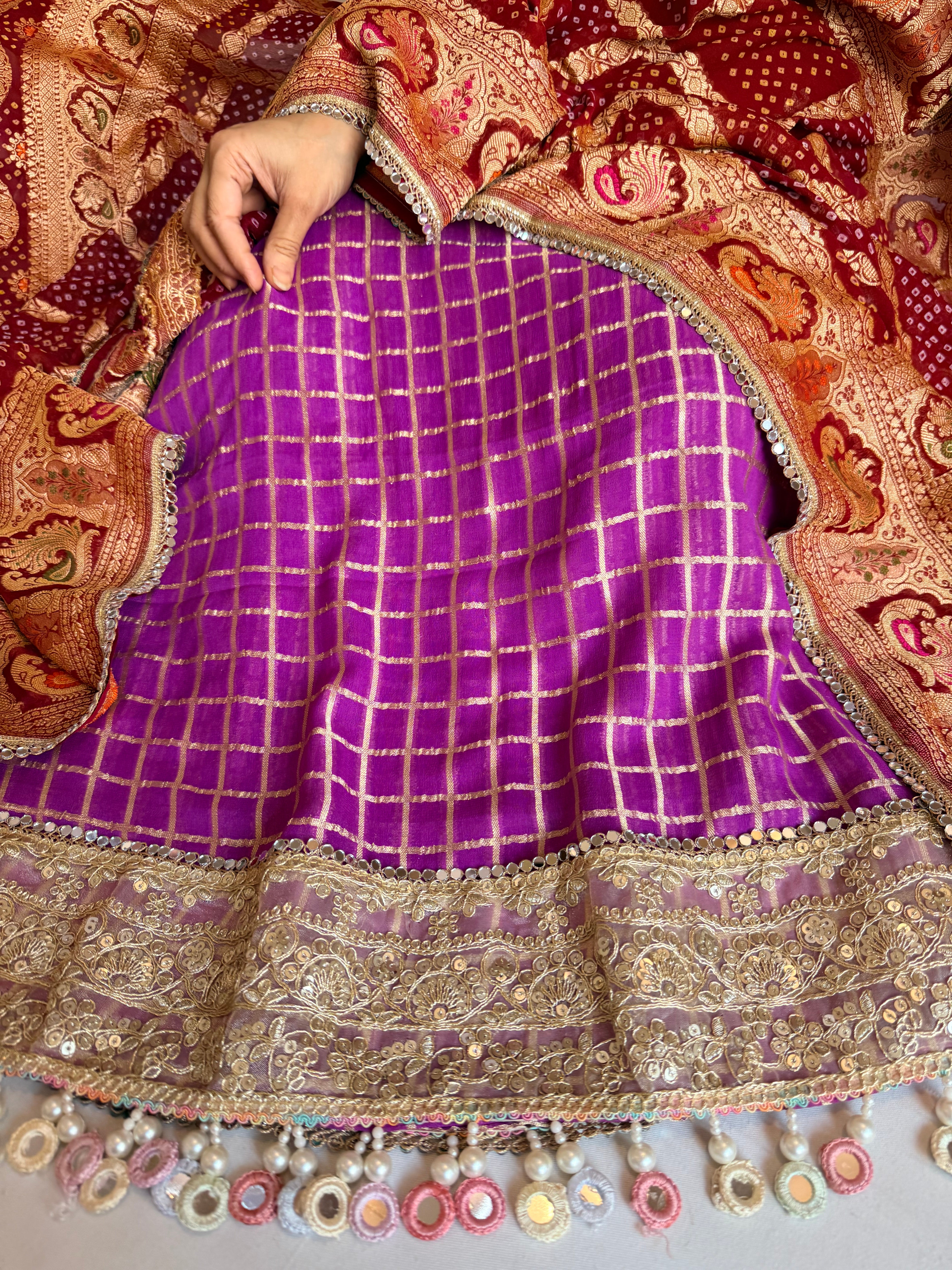 Banarasi chiffon gorgette bandhej gharchola weaving suit set