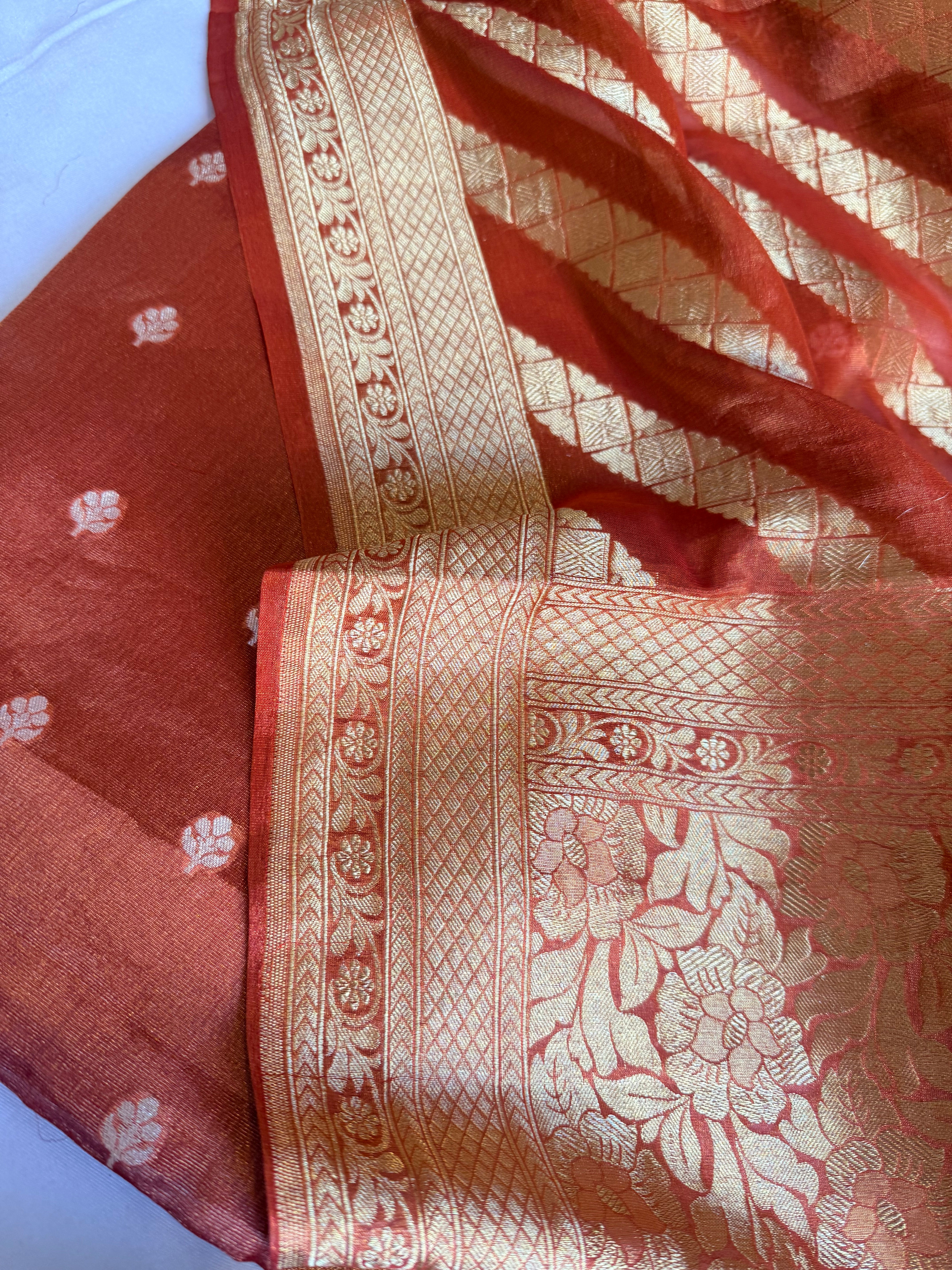 Rust orange tissue gorgette kadhwa buti banarasi suit set