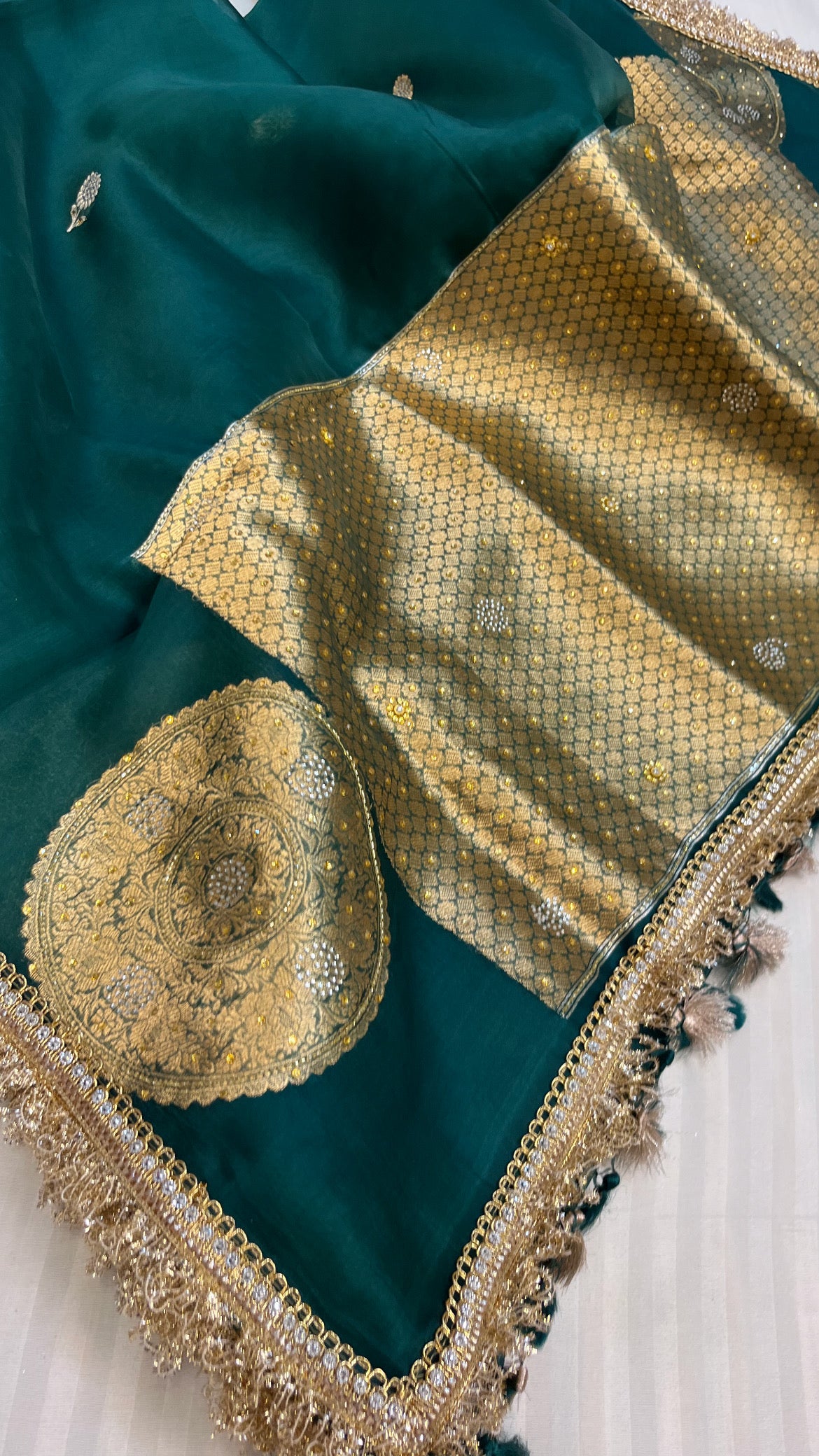Bottle green sitara stonework kora silk saree