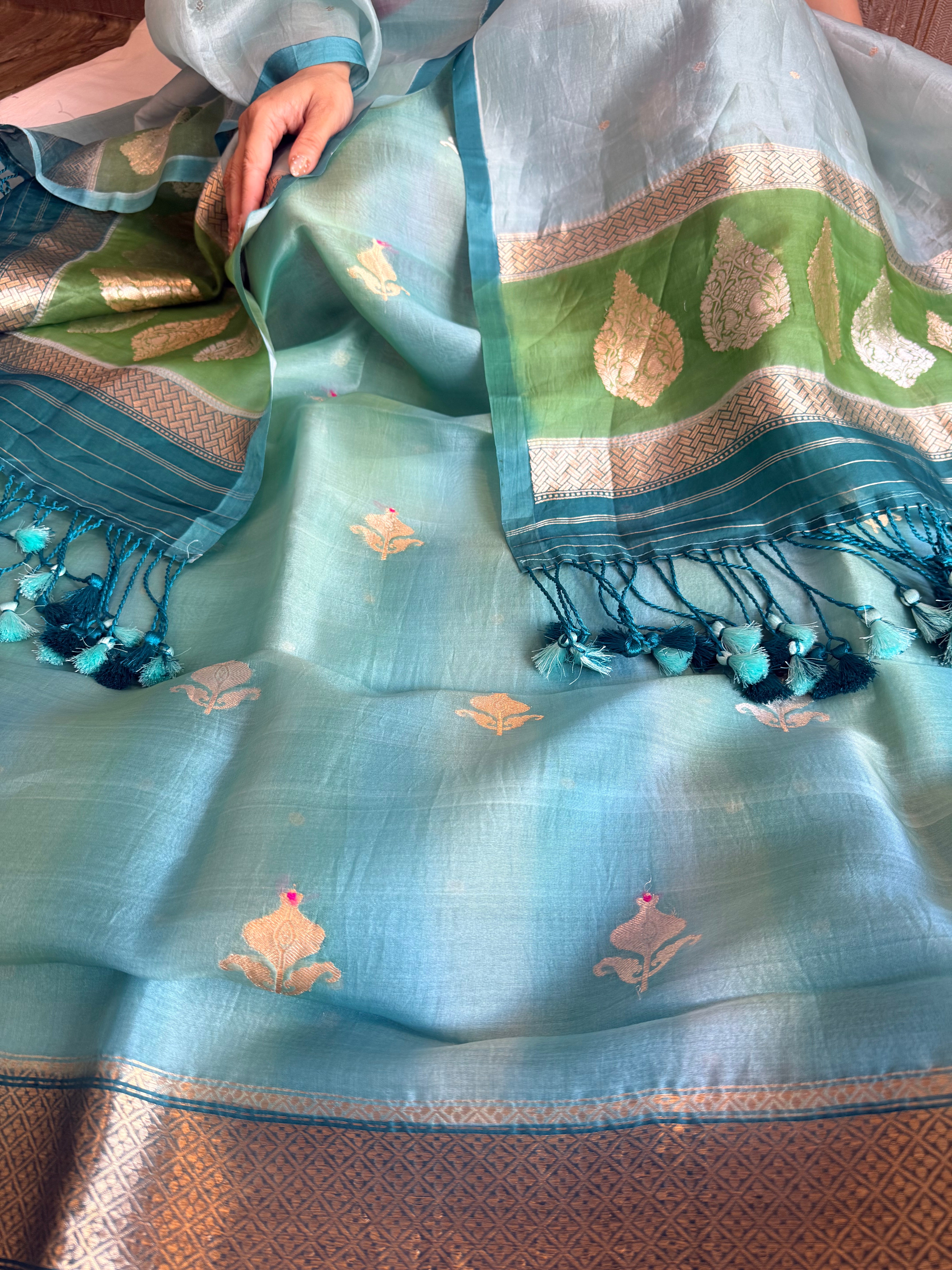 Ice blue shaded kora silk rainbow dye kadhwa banarasi suit set