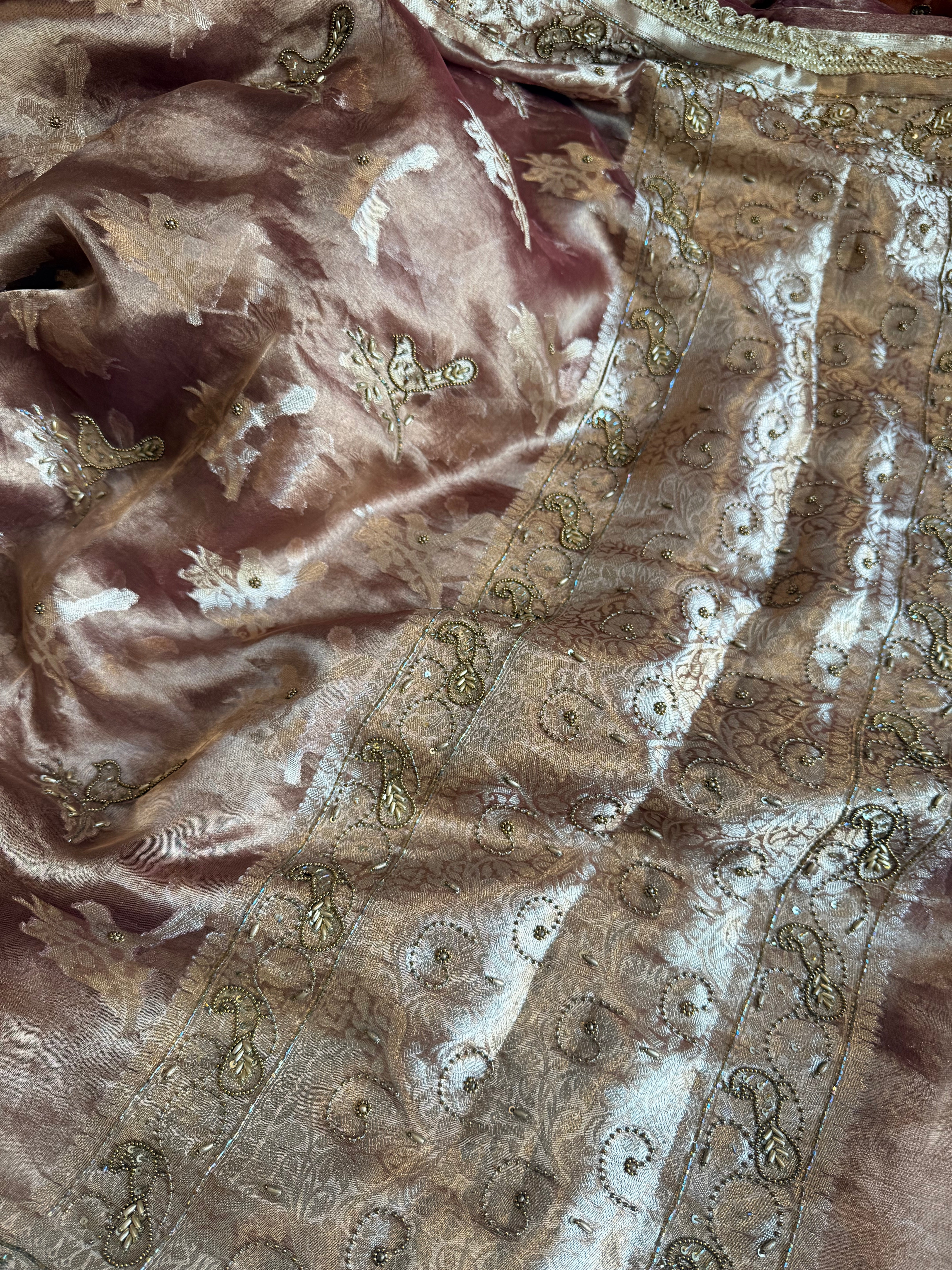 Chiraiya wali saree - Choco brown tissue silk figure motif weaving and hand embroidered saree