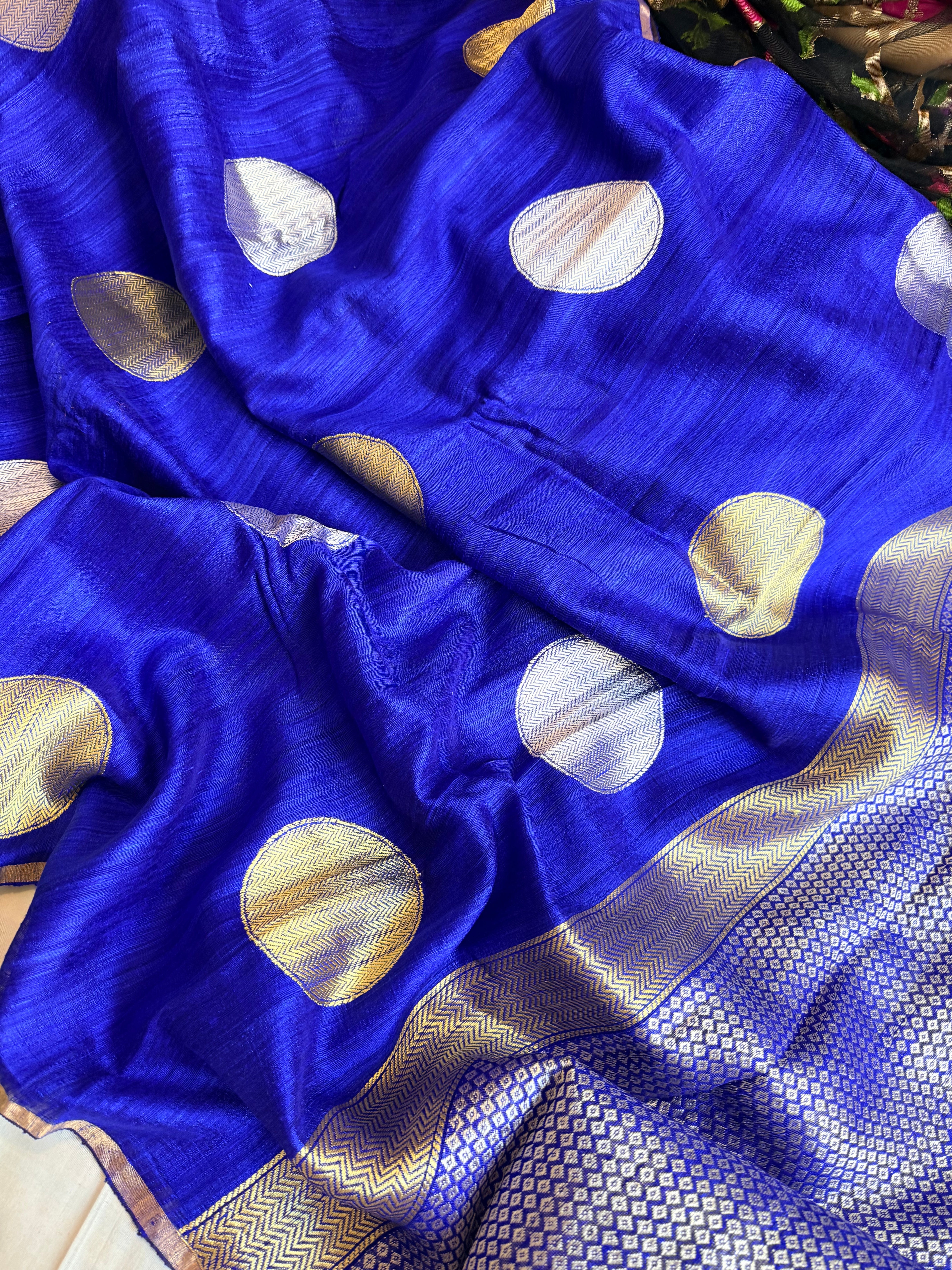 Electric blue tussar gorgette kadhwa weaving saree