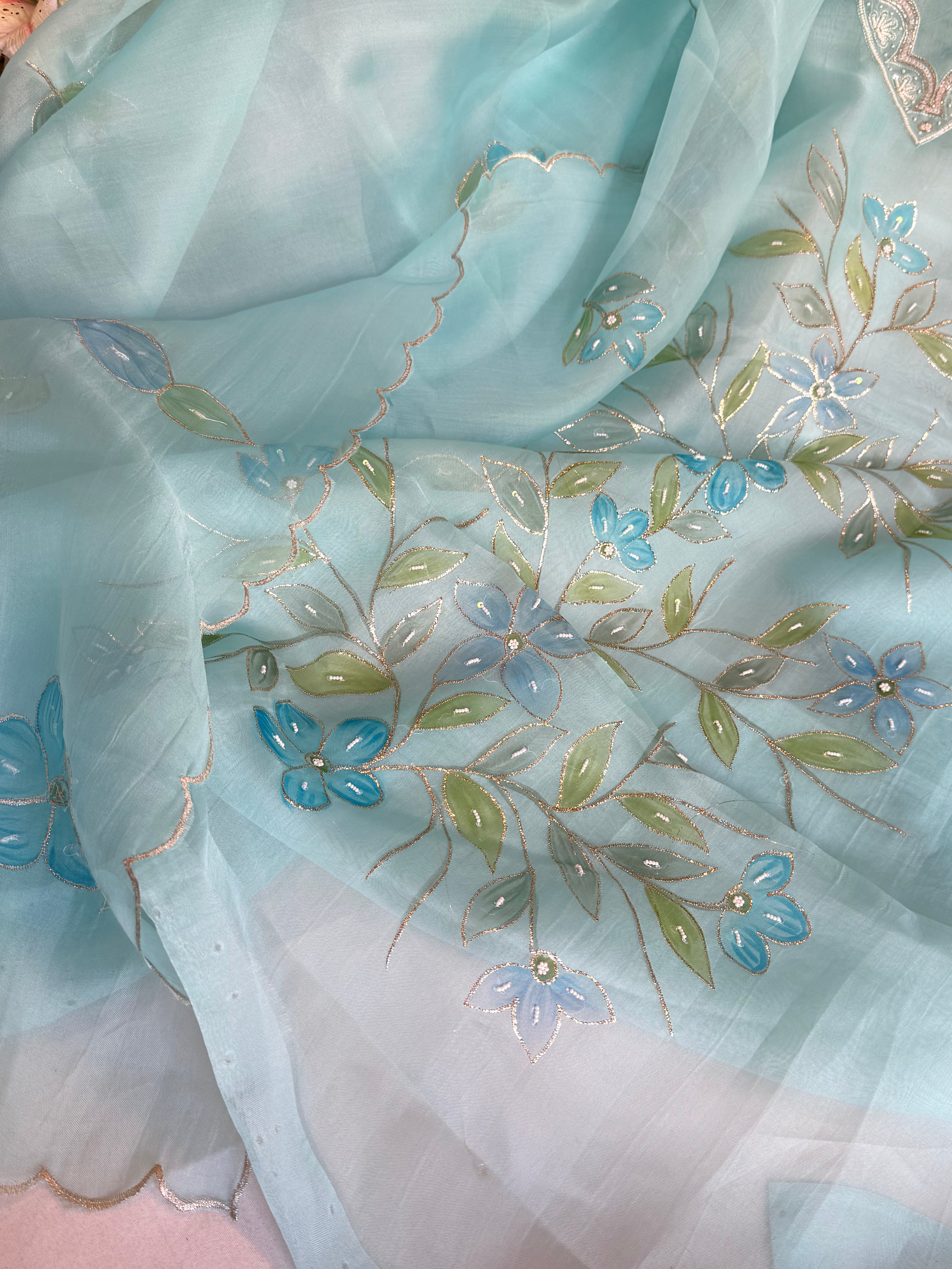 Baagicha edit - Banarasi kora silk handpainted floral hand embroidered suit set