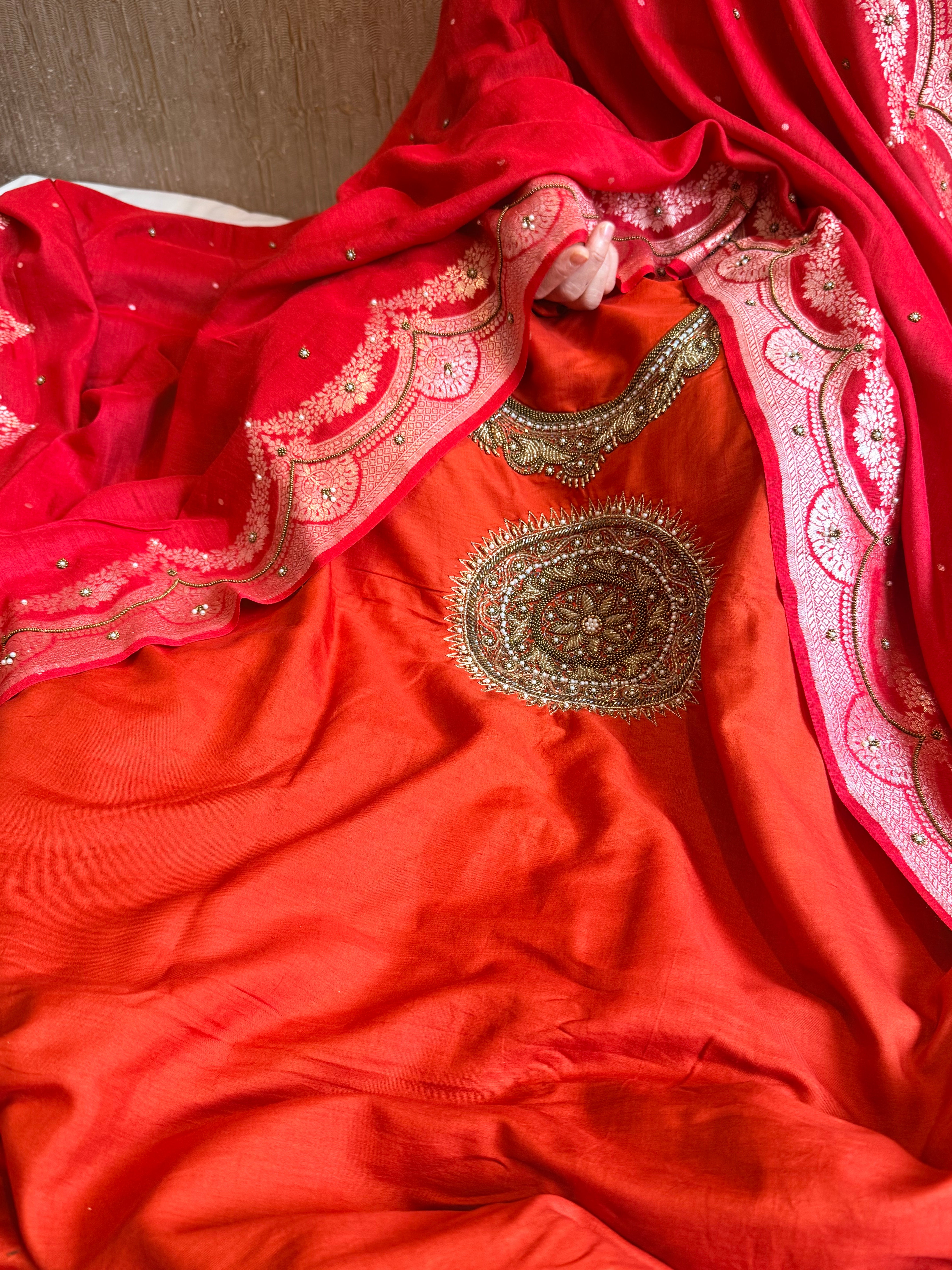 Burnt orange - red spun chiniya silk hand embroidered mandala work suit set