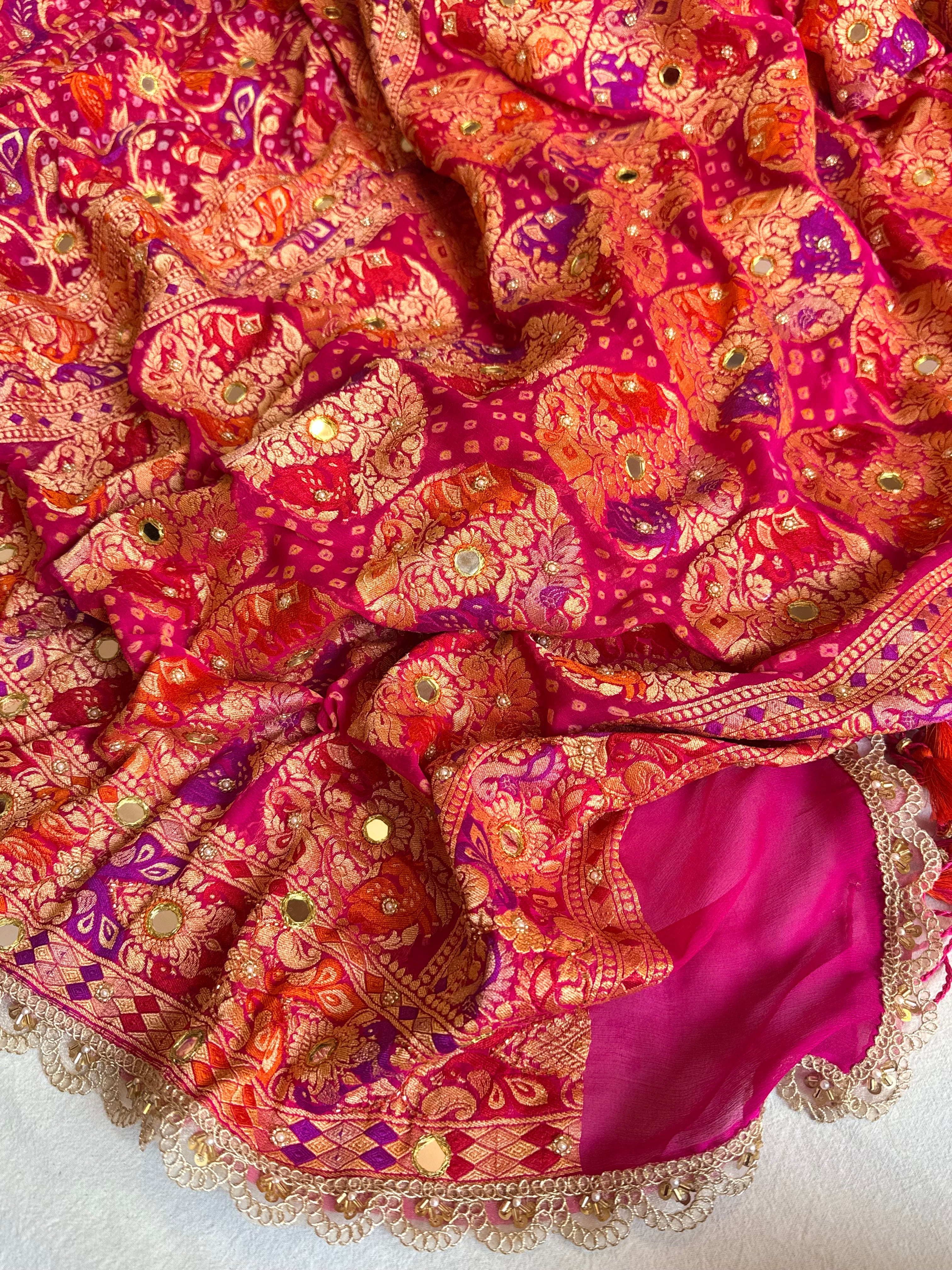 Banarasi chiffon gorgette rai bandhej kadhwa weaving hand embroidered saree