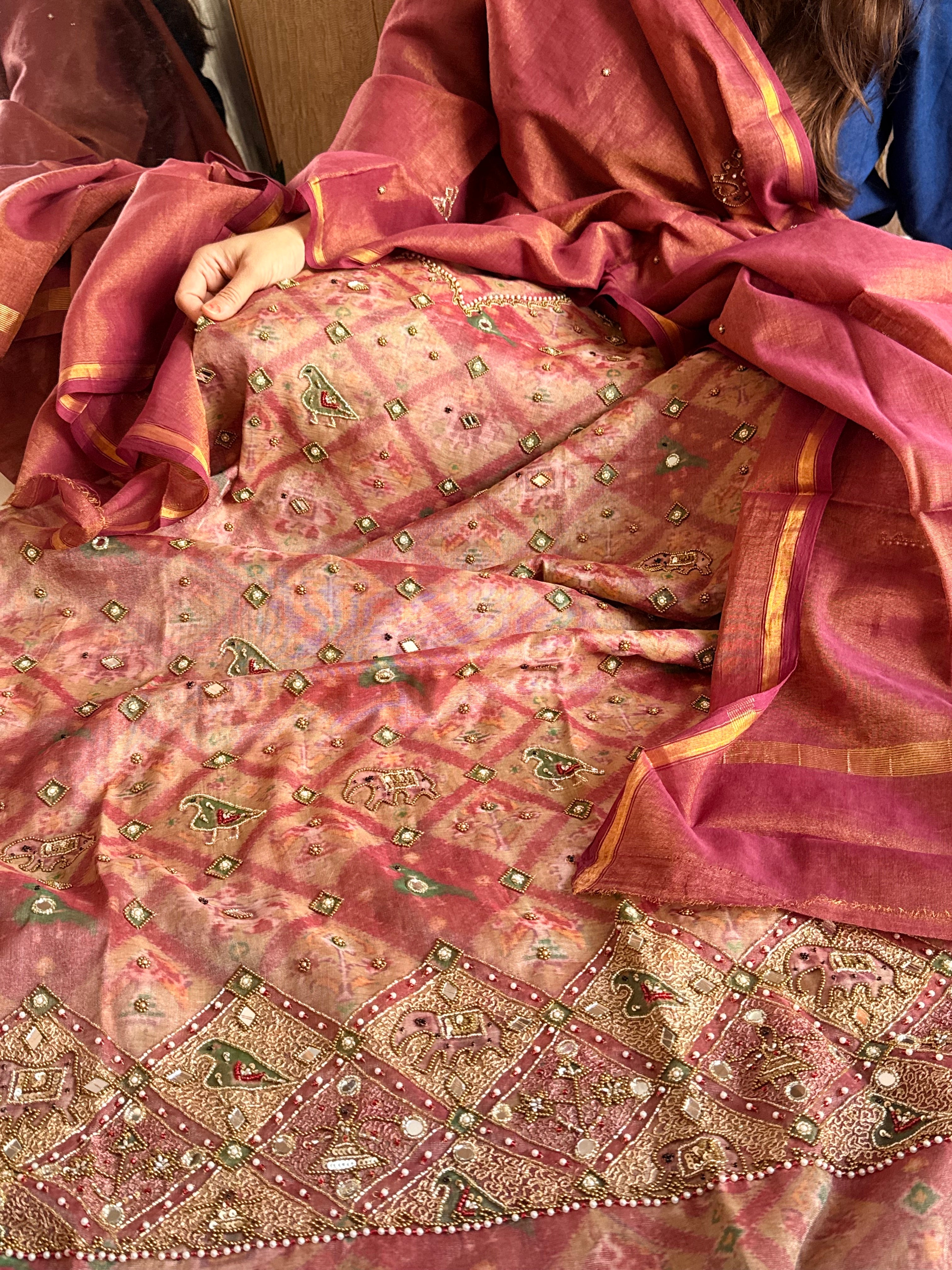 Patola weaving hand embroidered mul cotton tissue suit sets