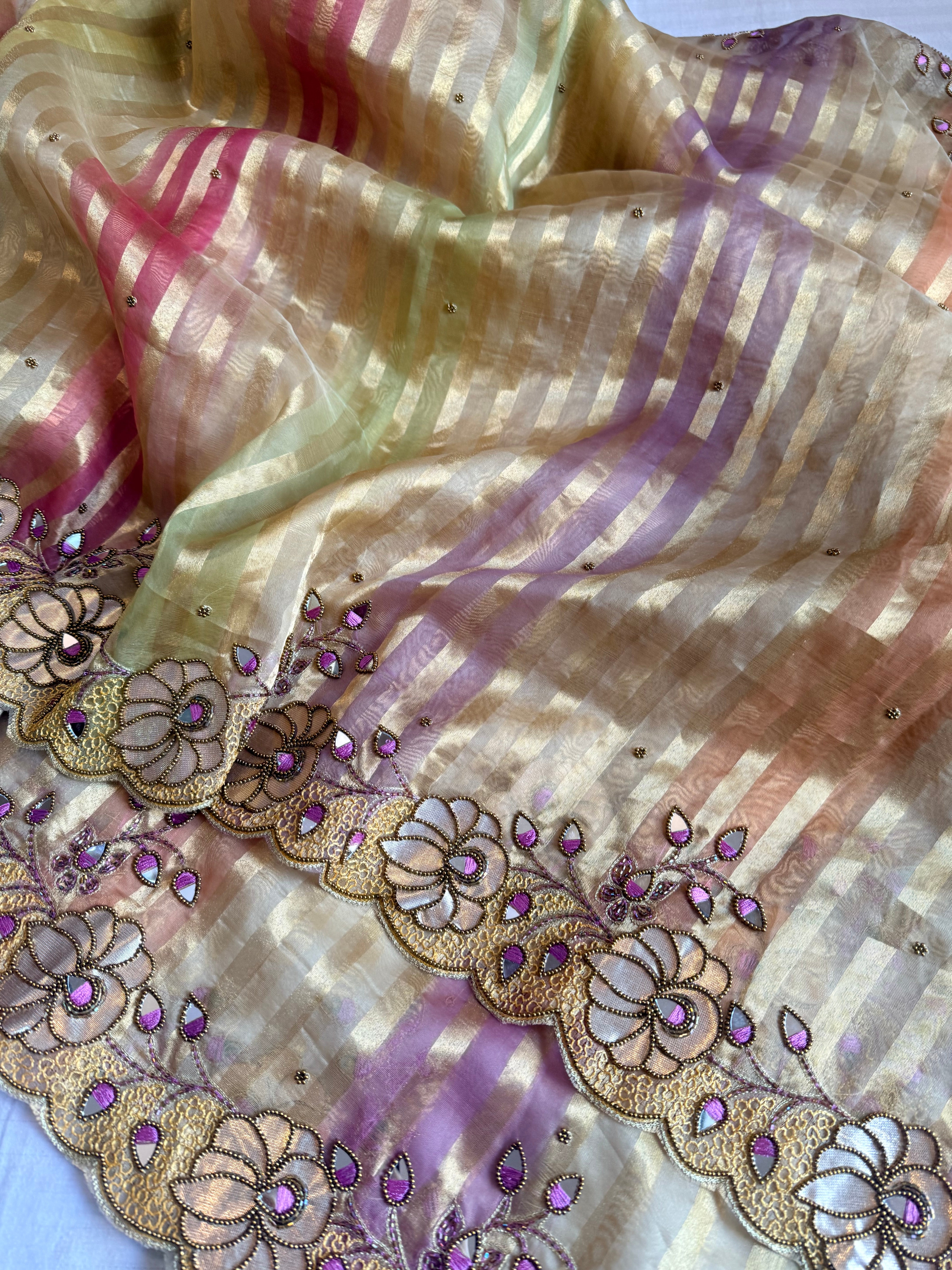 Phool wali rangeen tissue silk striped rangkaat hand embroidered saree
