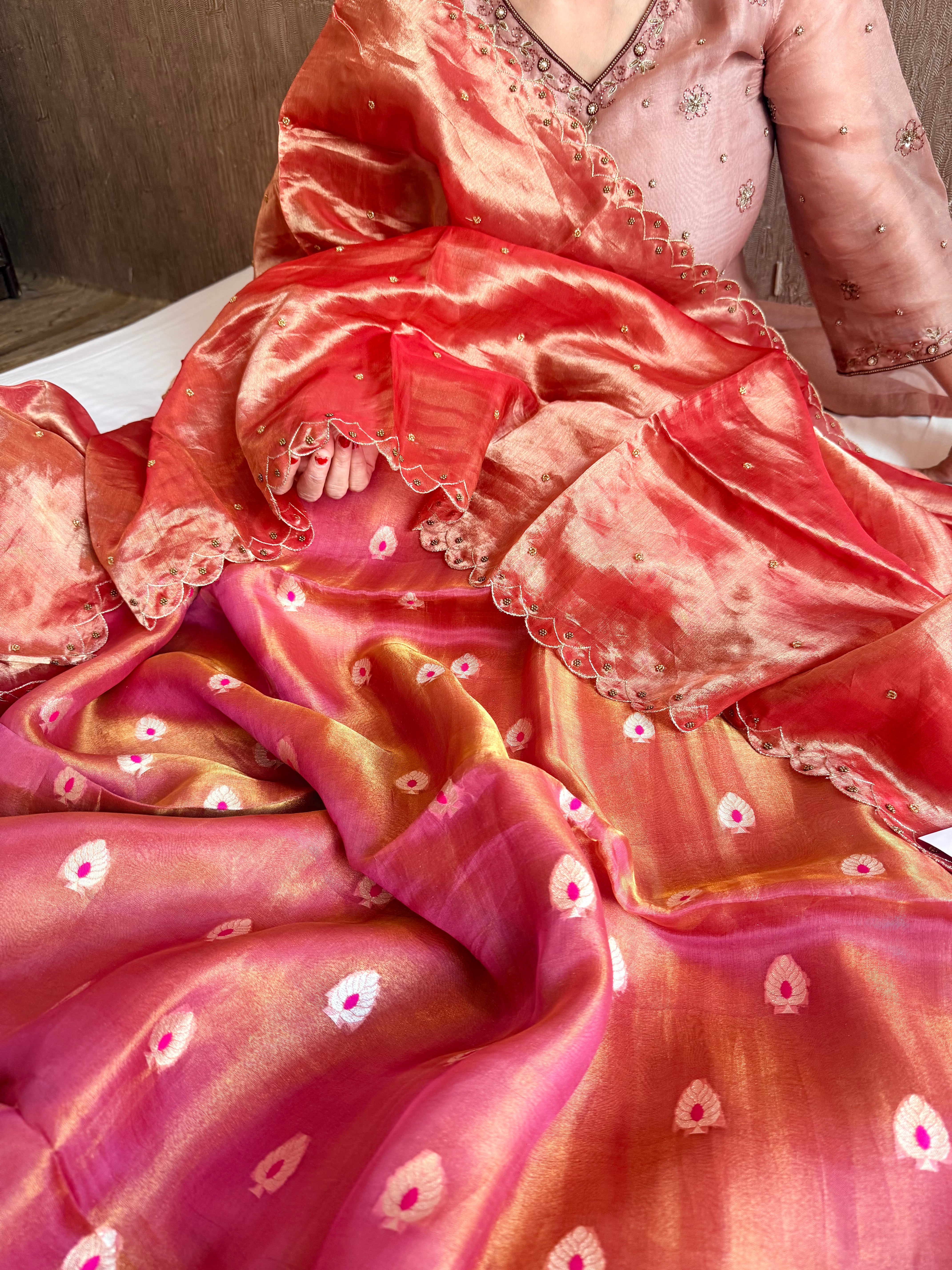 Rust pink tissue silk meenakari hand embroidered suit set