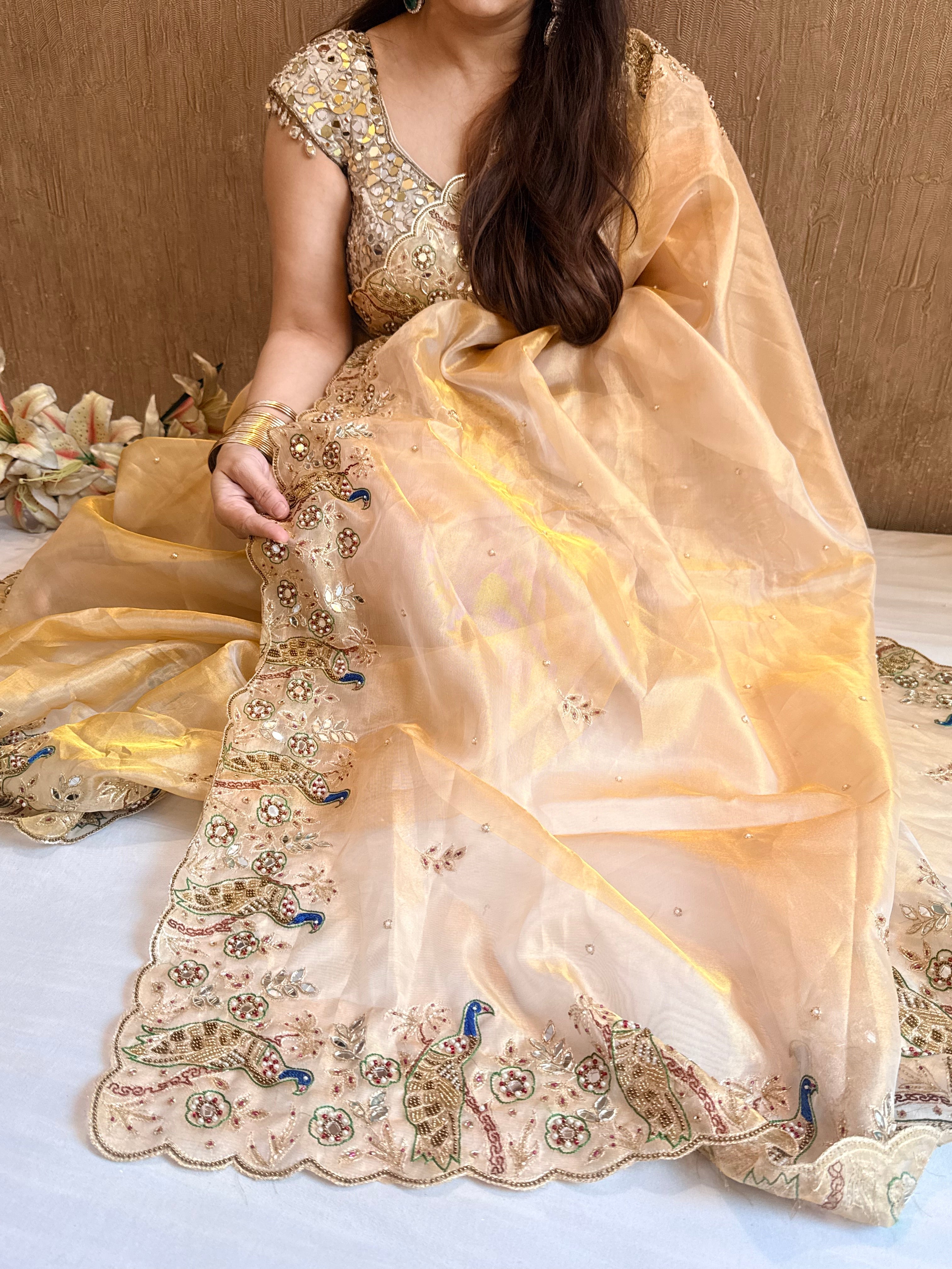 Zardozi & Jadauwork border tissue silk hand embroidered kadhwa gold saree