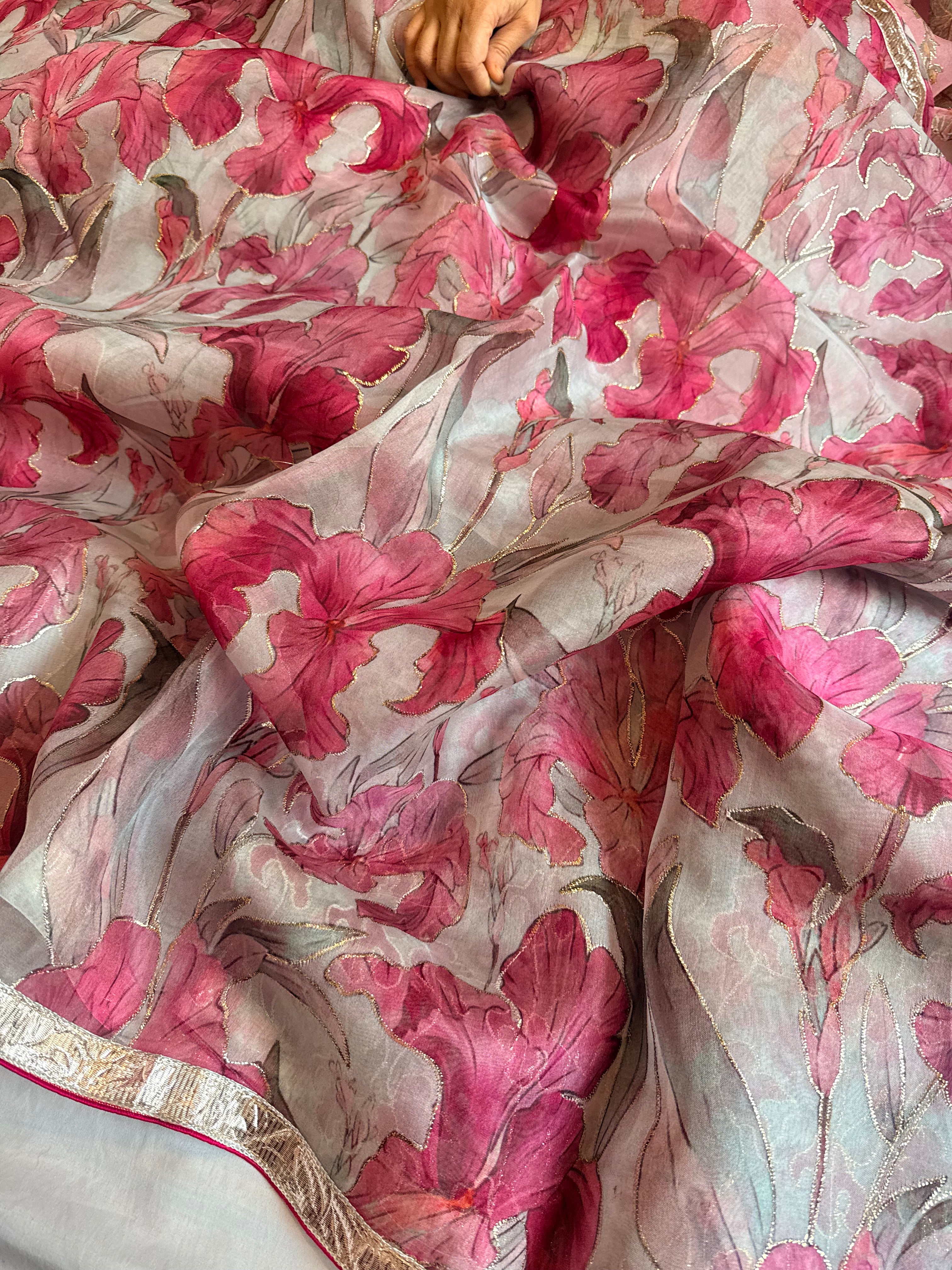 Kora silk printed lampi gotapatti hand embroidered saree
