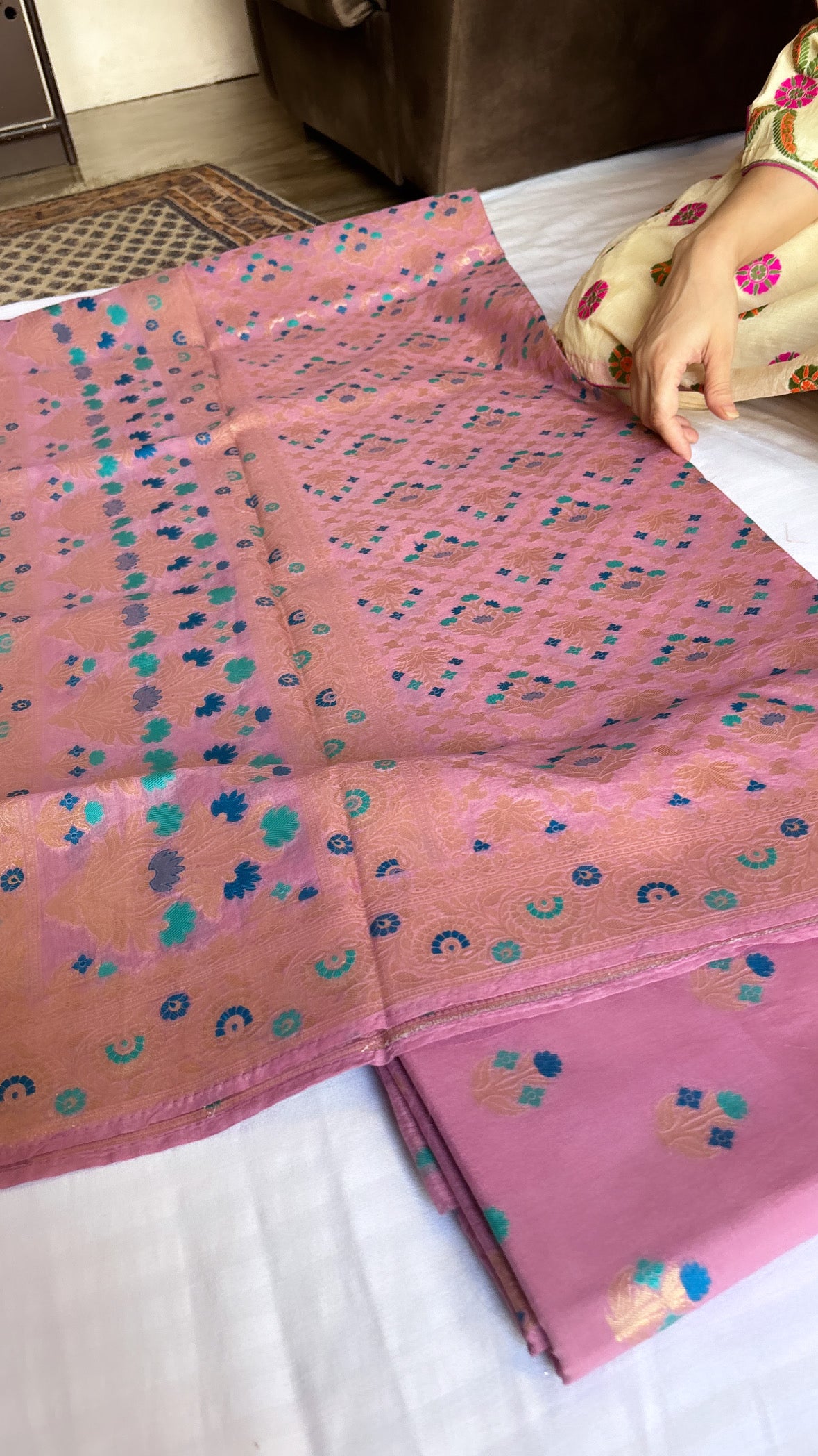 Banarasi soft pink cotton resham meenedar suit set
