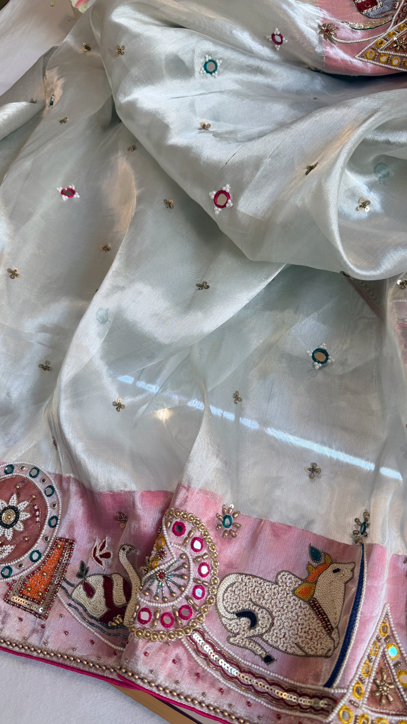 Sufi night saree - Diamond tissue silk kutchi meenakari work hand embroidered saree